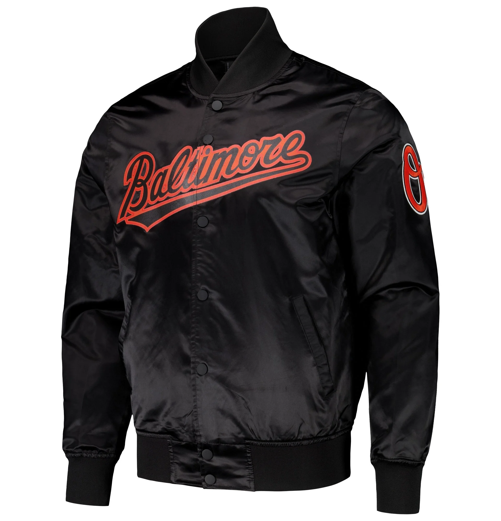 Baltimore-Orioles-Pro-Standard-Black-Wordmark-Full-Snap-Satin-Varsity-Jacket-TeamJacketShop