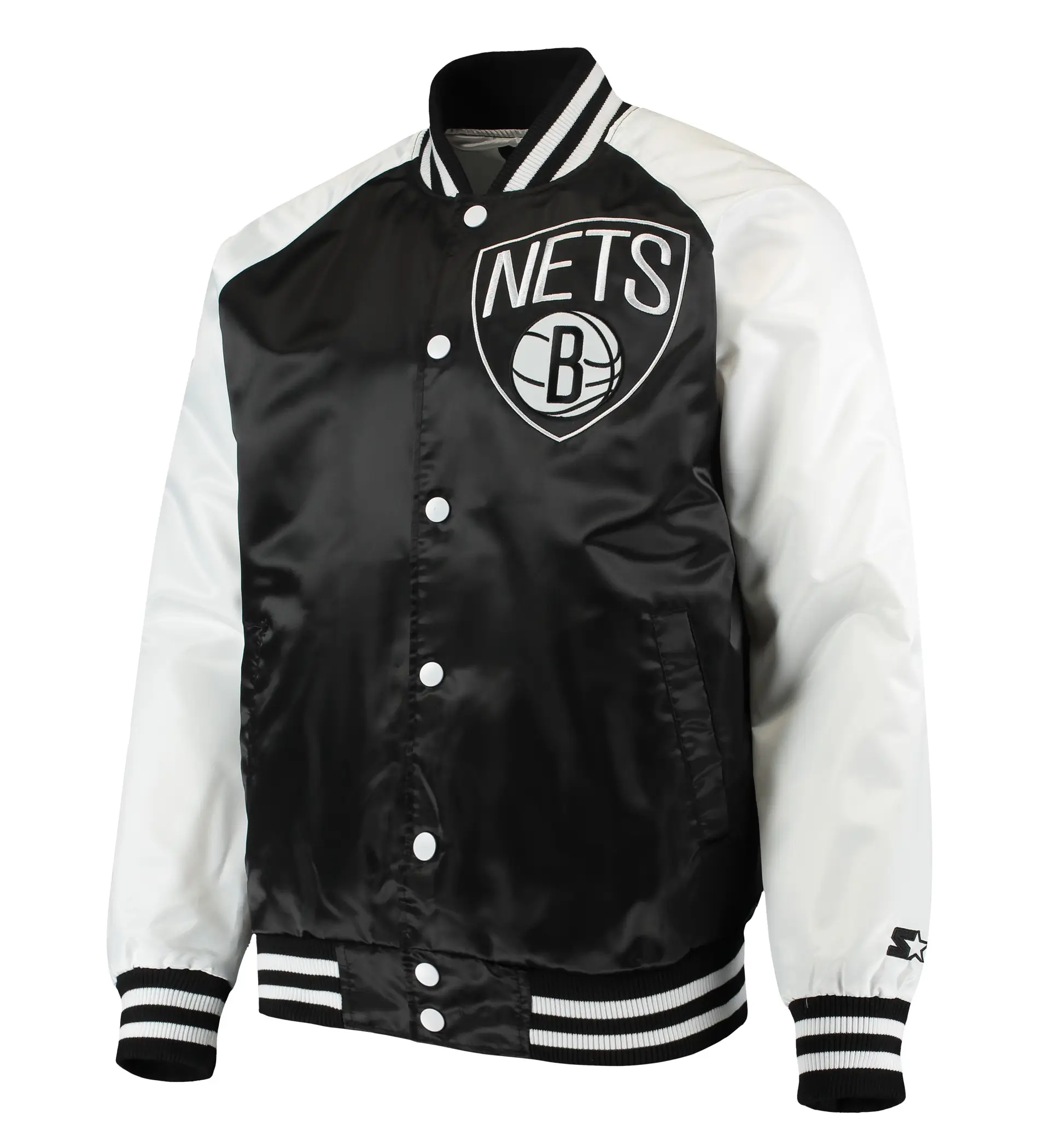 Brooklyn-Nets-Starter-Point-Guard-Full-Snap-Black-White-Satin-Varsity-Jacket-TeamJacketShop