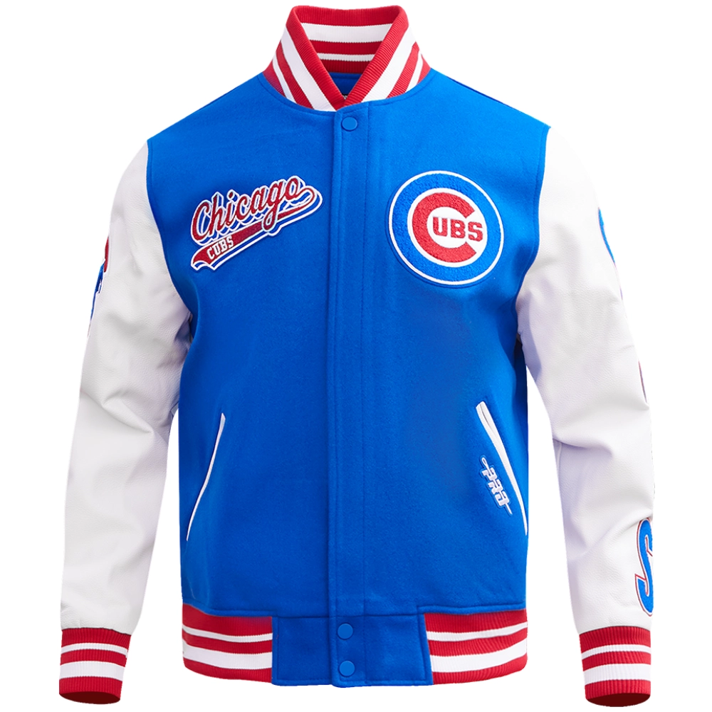 Chicago Cubs Script Tail Rib Knitted Wool Leather Varsity Jacket 1