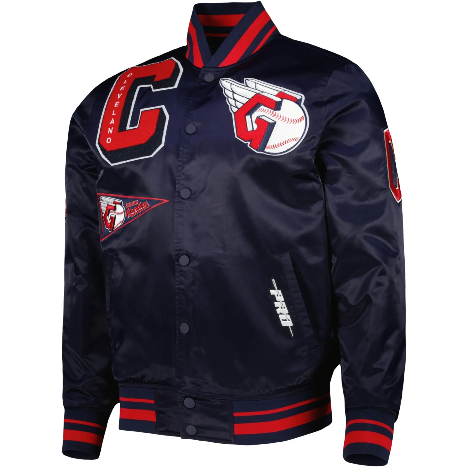 Cleveland-Guardians-Pro-Standard-Full-Snap-Satin-Varsity-Navy-Jacket-TeamJacketShop