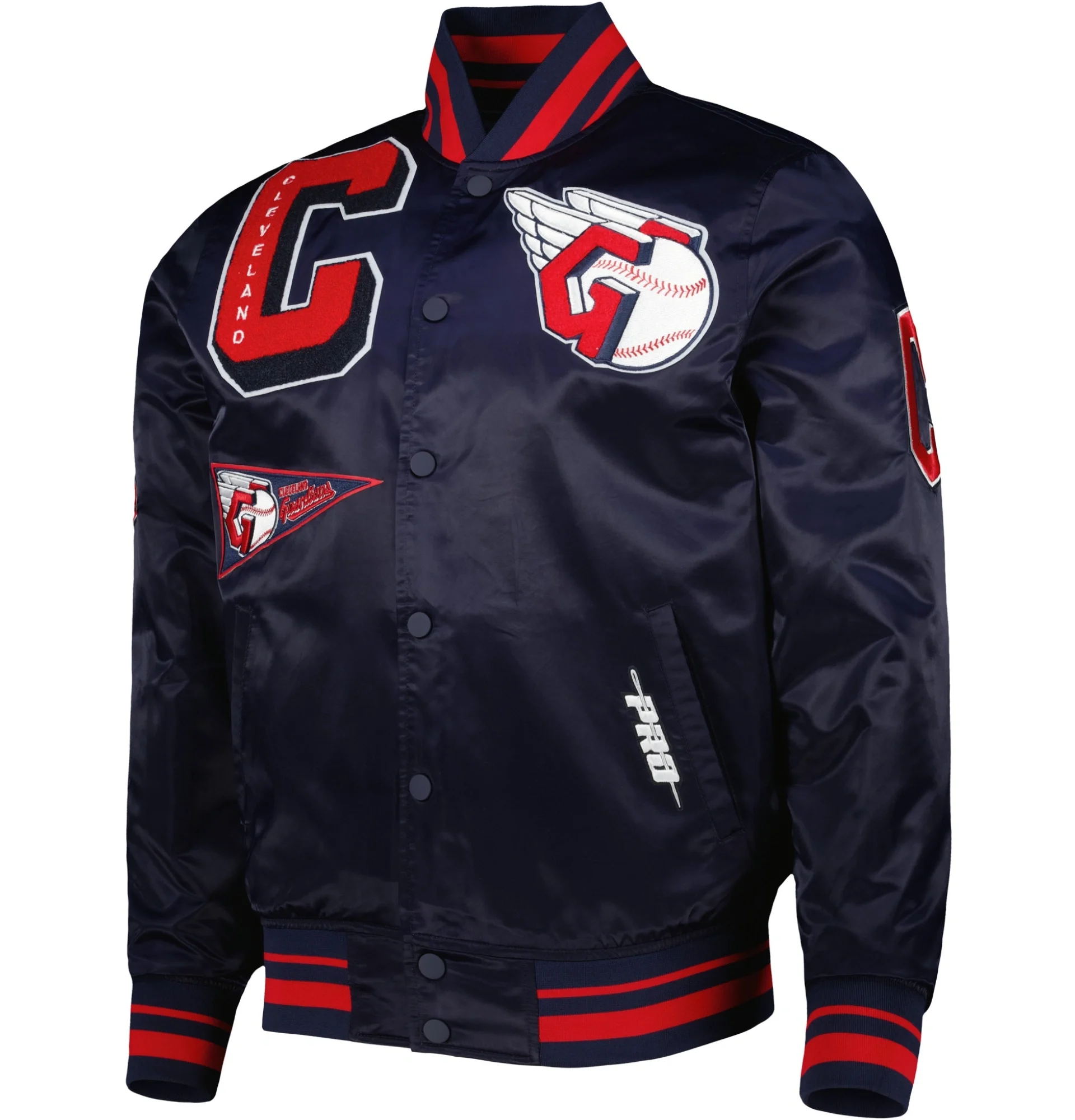 Cleveland-Guardians-Pro-Standard-Full-Snap-Satin-Varsity-Navy-Jacket-TeamJacketShop