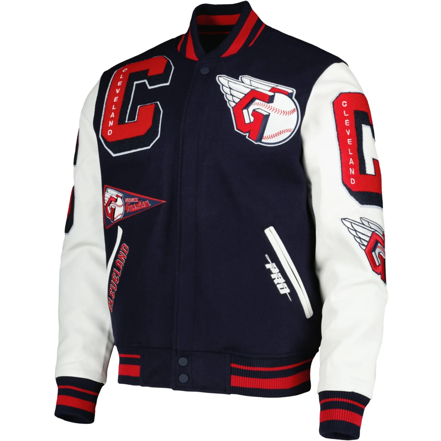 Cleveland Guardians Pro Standard Wool Leather Varsity Jacket Navy White TeamJacketShop