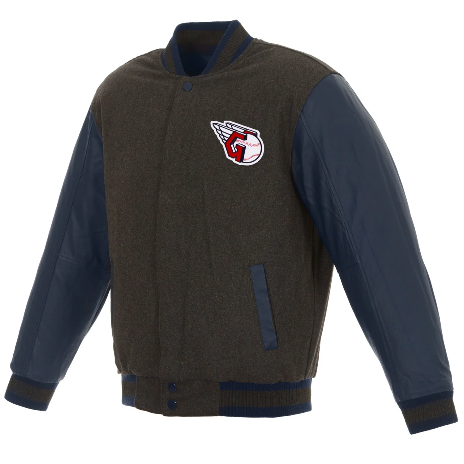 Cleveland Guardians Reversible Wool Leather Varsity Jacket Charcoal Navy TeamJacketShop