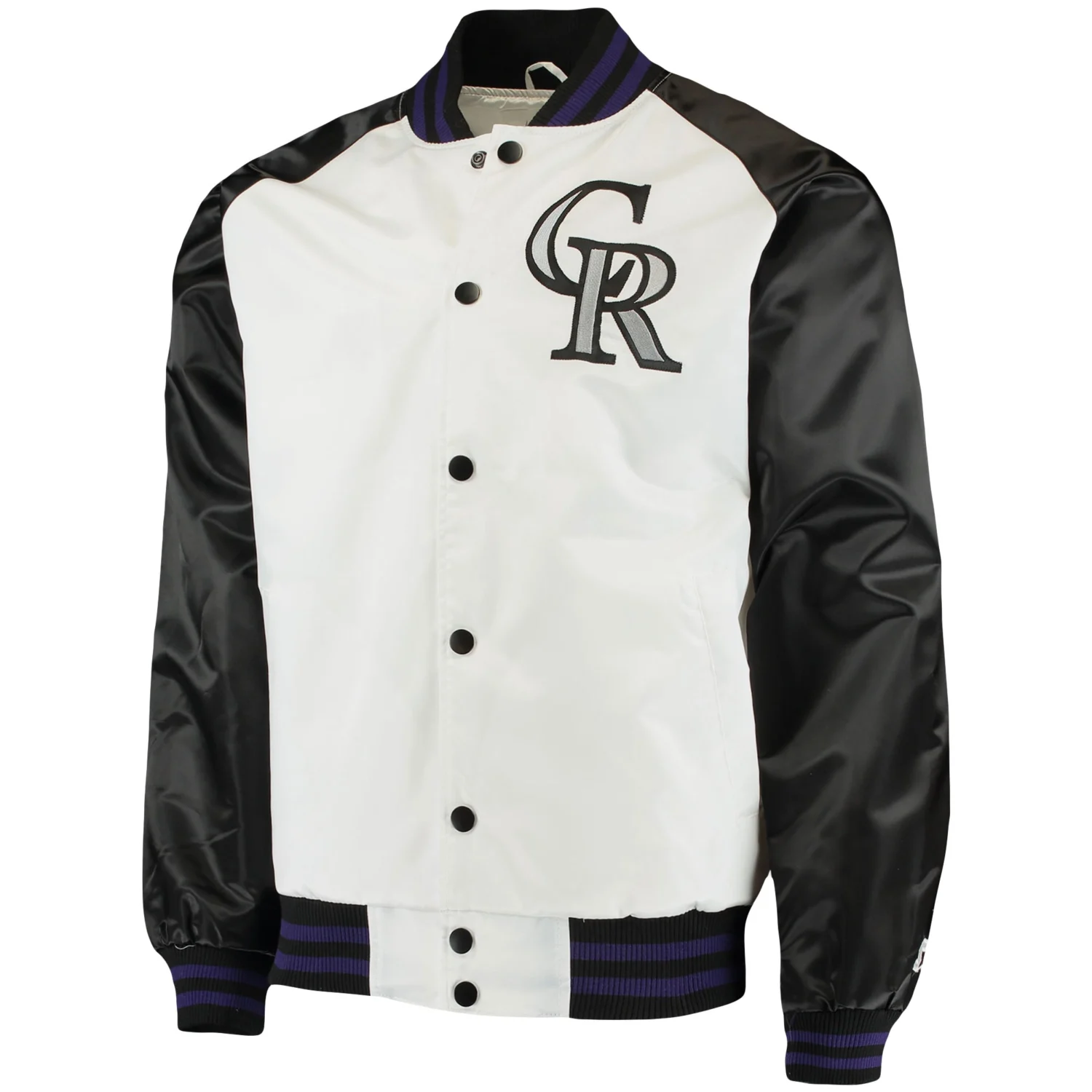 Colorado Rockies Starter Hitter Full Snap Satin Varsity Jacket White Black 1