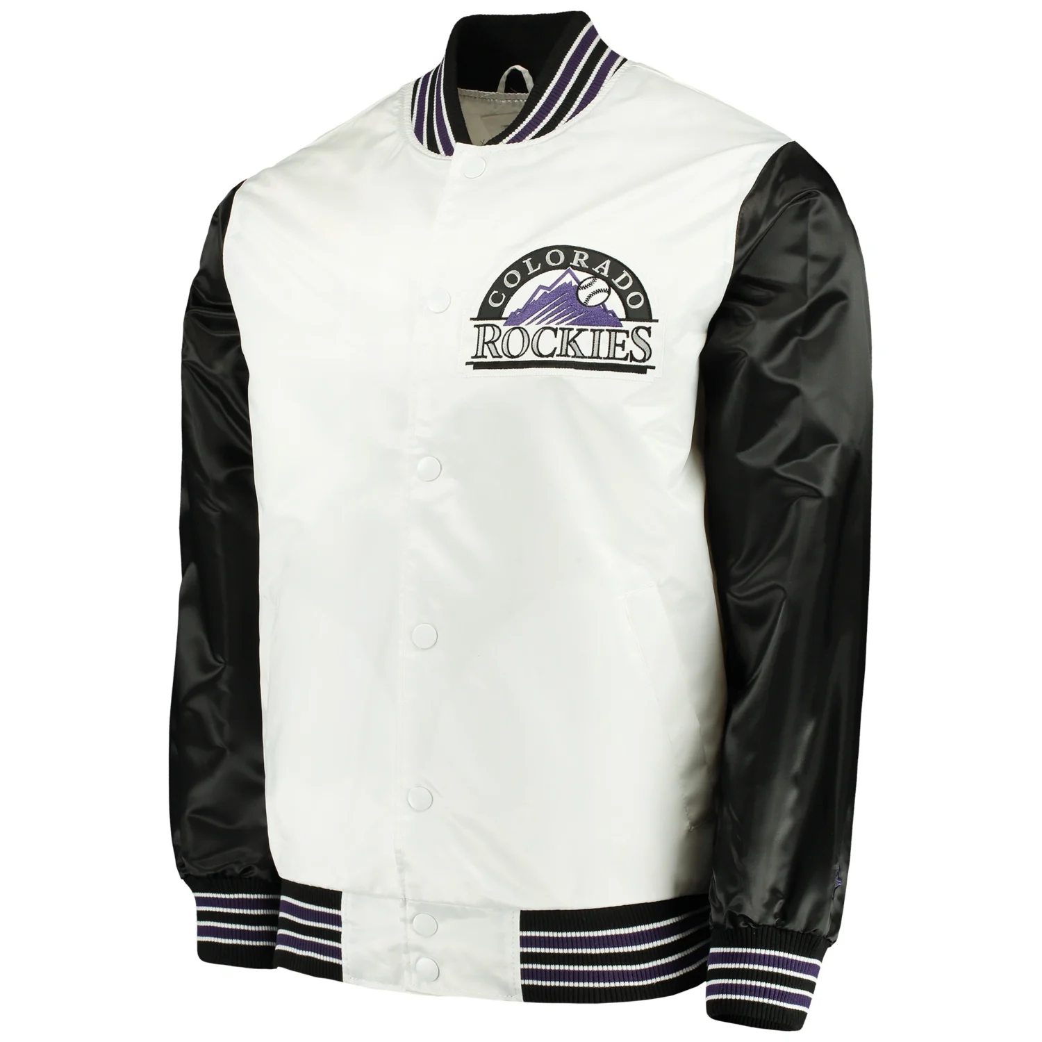 Colorado Rockies The Legend Full Snap Satin Varsity Jacket White Black 1