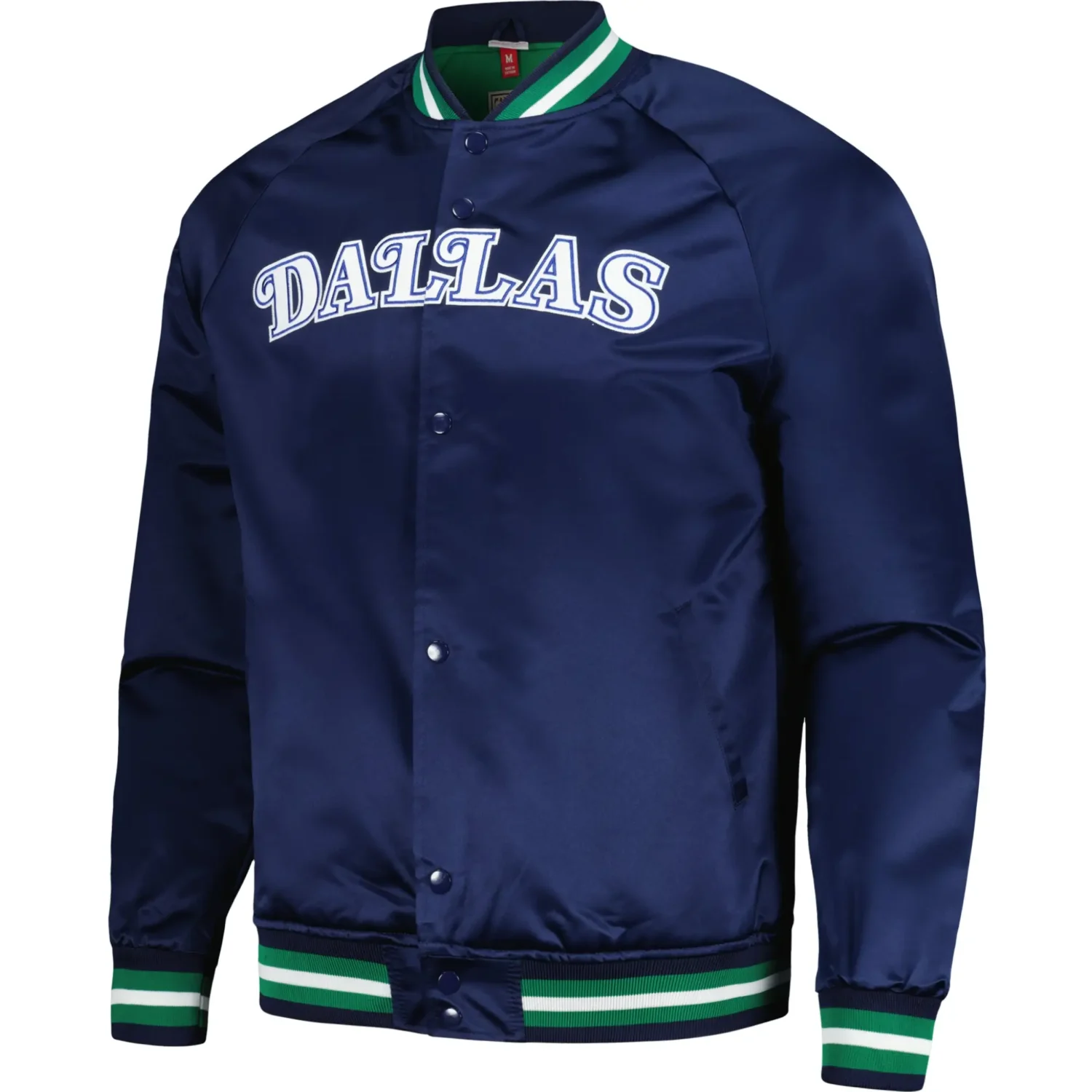 Dallas Mavericks Satin Varsity Navy Jacket Button Closure TeamJacketShop