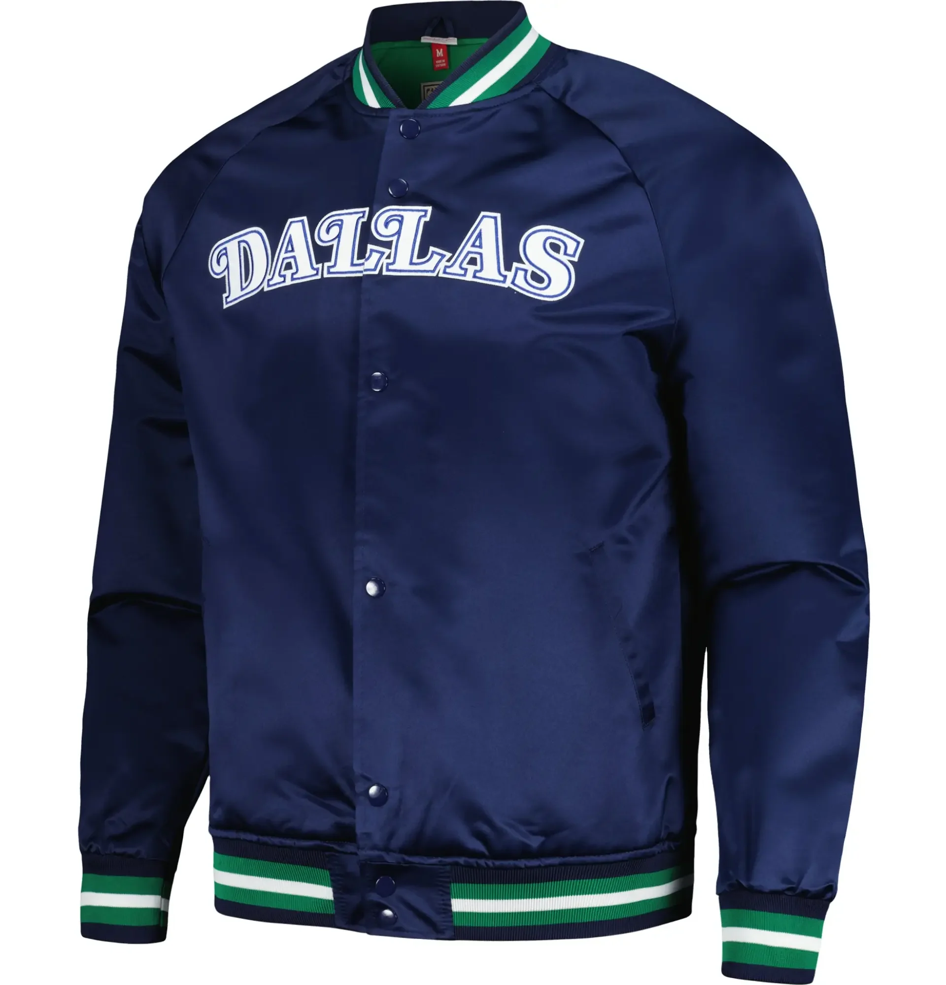 Dallas Mavericks Satin Varsity Navy Jacket Button Closure TeamJacketShop