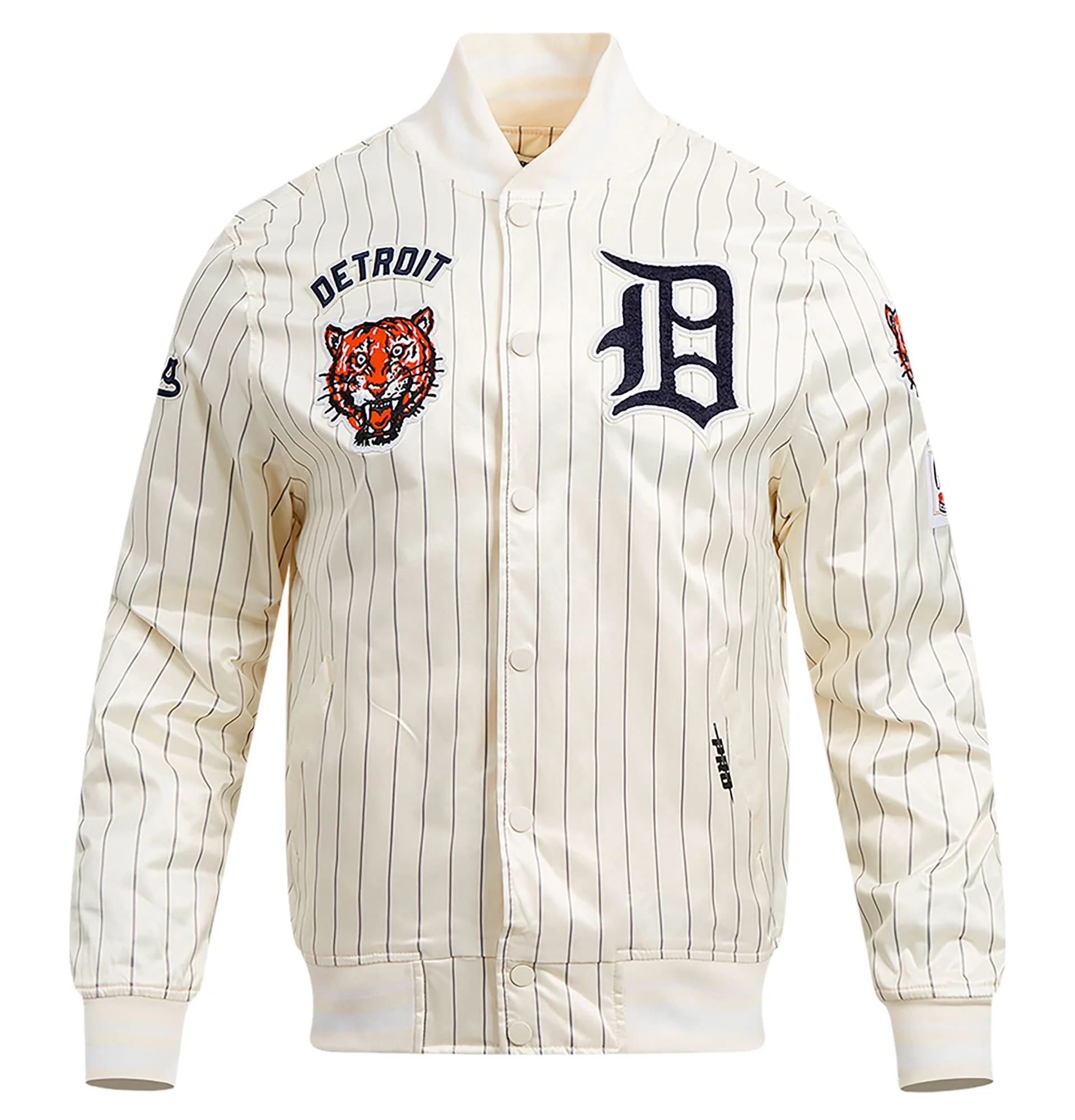 Detroit Tigers Pro Standard Cooperstown Pinstripe Retro Classic Full Snap Satin Varsity Jacket TeamJacketShop