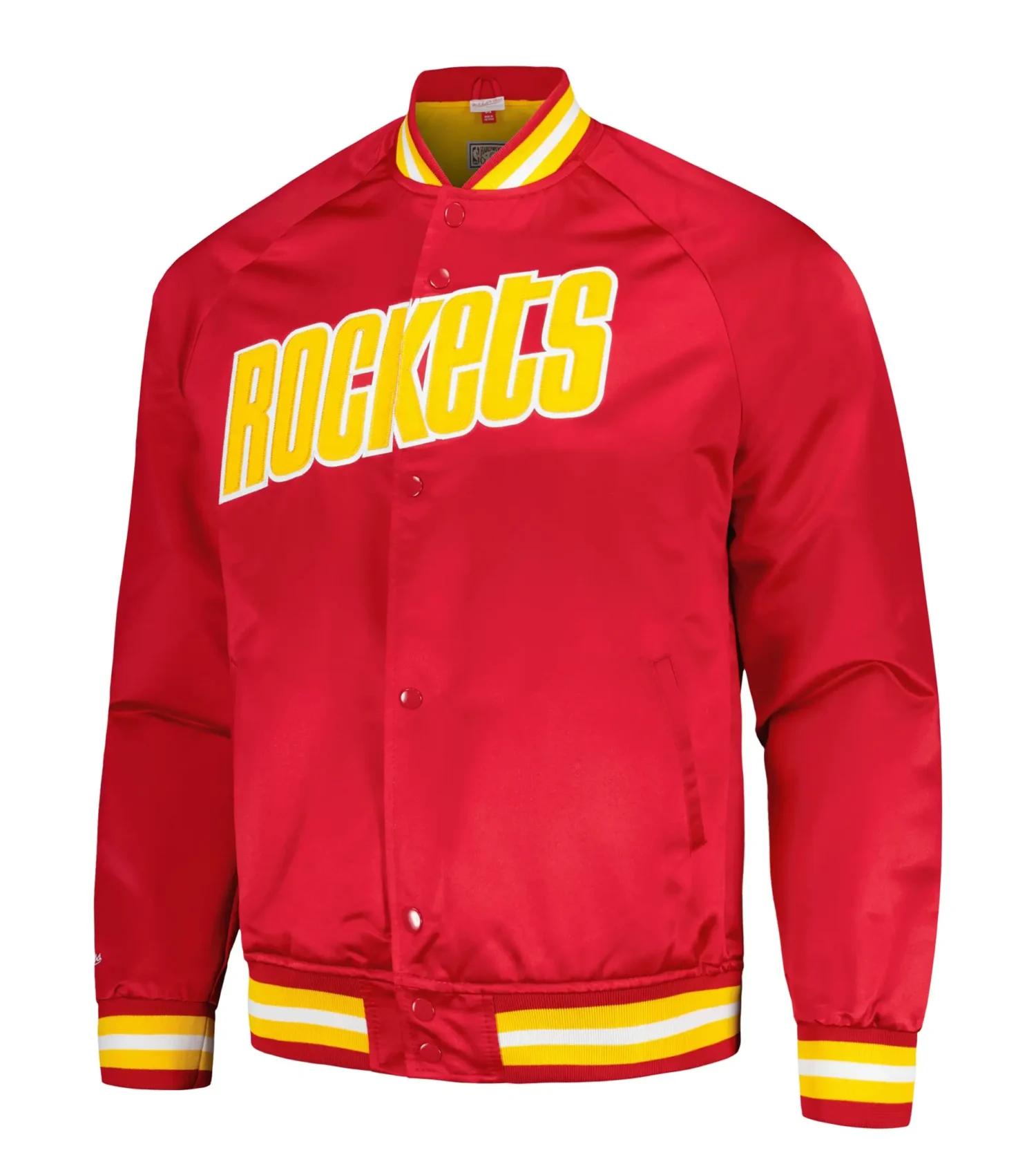 Houston Rockets Hardwood Classics Throwback Wordmark Raglan Red Varsity Jacket TeamJacketShop