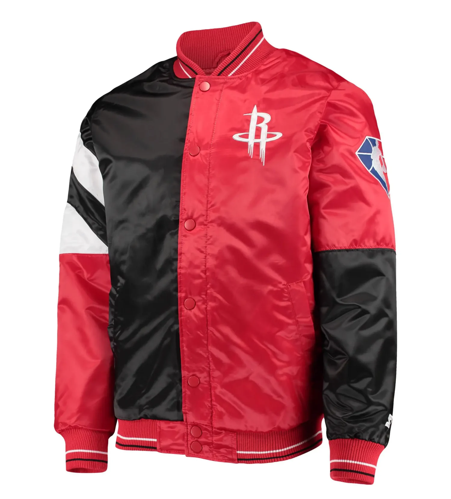 Houston Rockets Starter 75th Anniversary Leader Black Red Color Block Satin Varsity Jacket TeamJacketShop