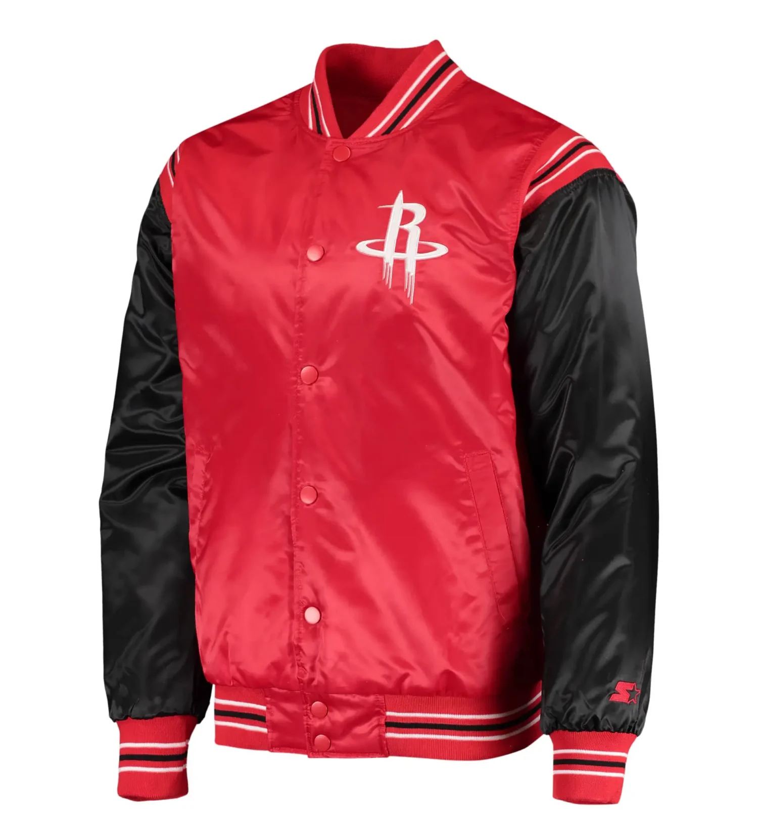 Houston Rockets Starter The Enforcer Full Snap Red Black Satin Varsity Jacket TeamJacketShop