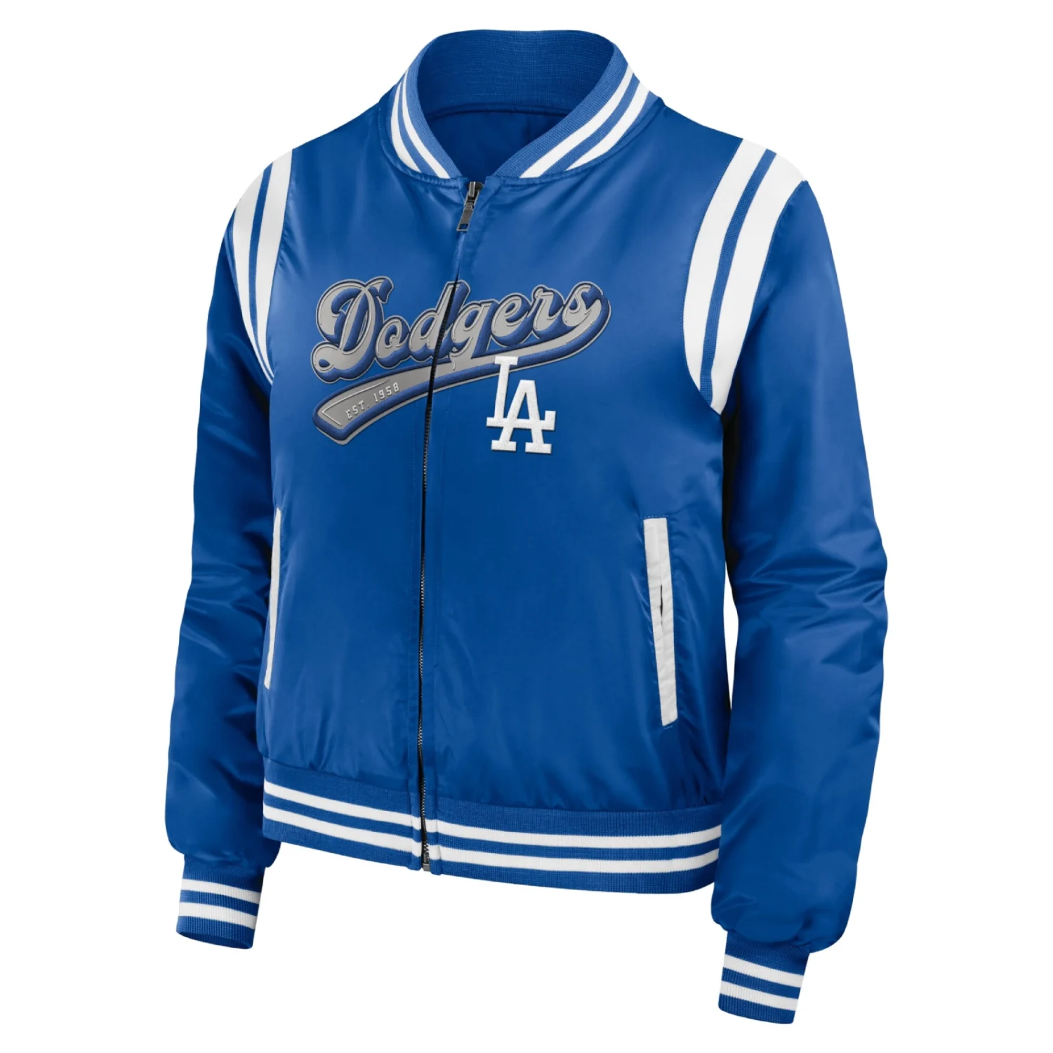 Los Angeles Dodgers WEAR by Erin Andrews Womens Bomber Jacket Blue 1