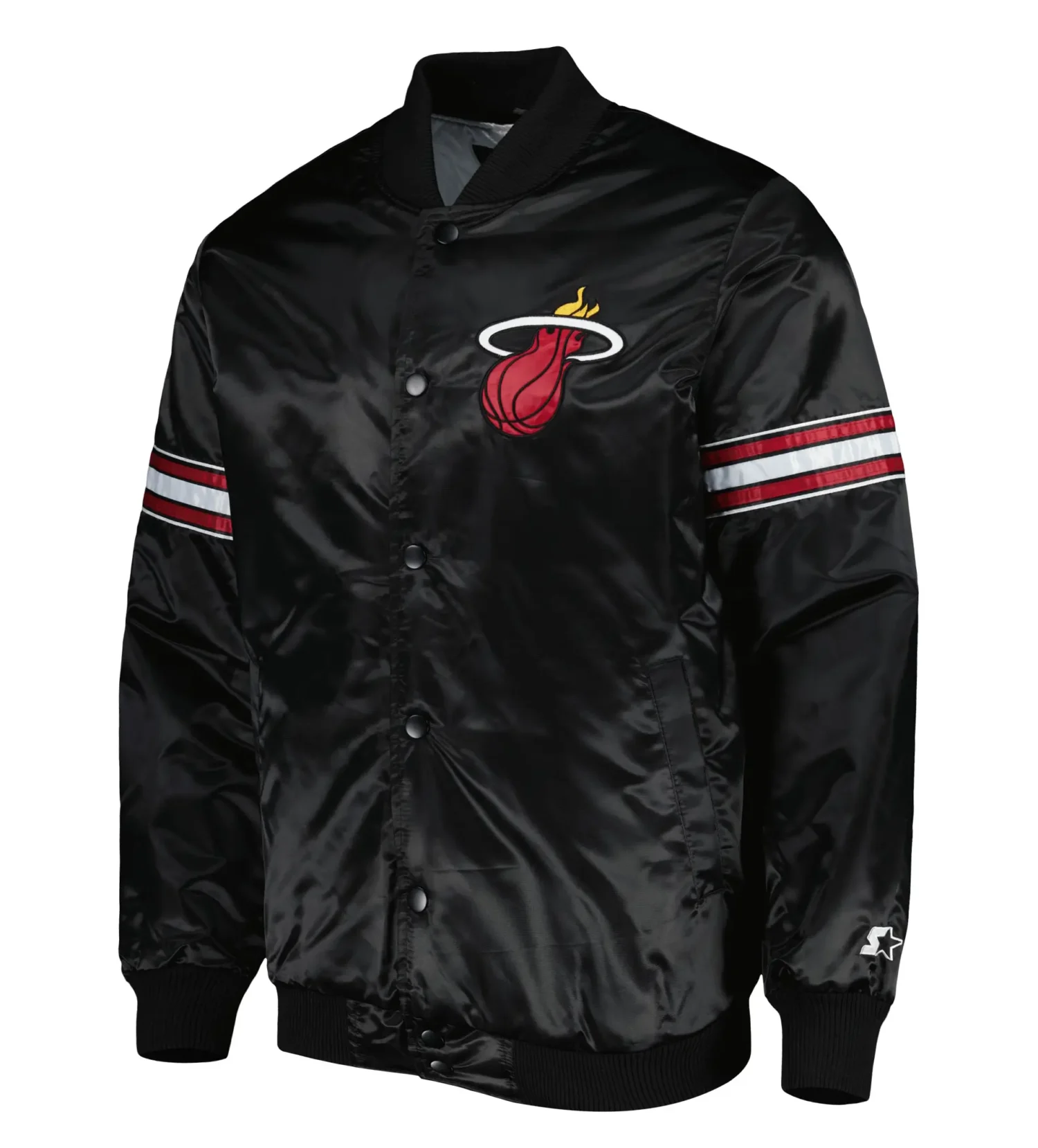 Miami Heat Starter Black Pick Roll Satin Full Snap Black Varsity Jacket TeamJacketShop