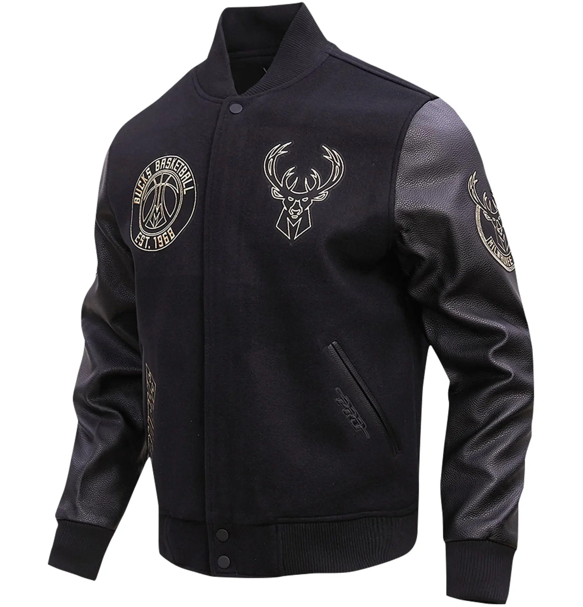 Milwaukee-Bucks-Pro-Standard-Black-Gold-Stitch-Wool-Leather-Varsity-Jacket-team ajcket 1