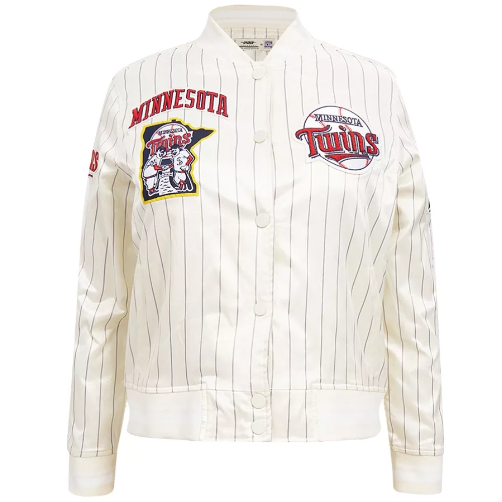 Minnesota Twins Pro Standard Pinstripe Full Snap Satin Varsity Cream Jacket TeamJacketShop