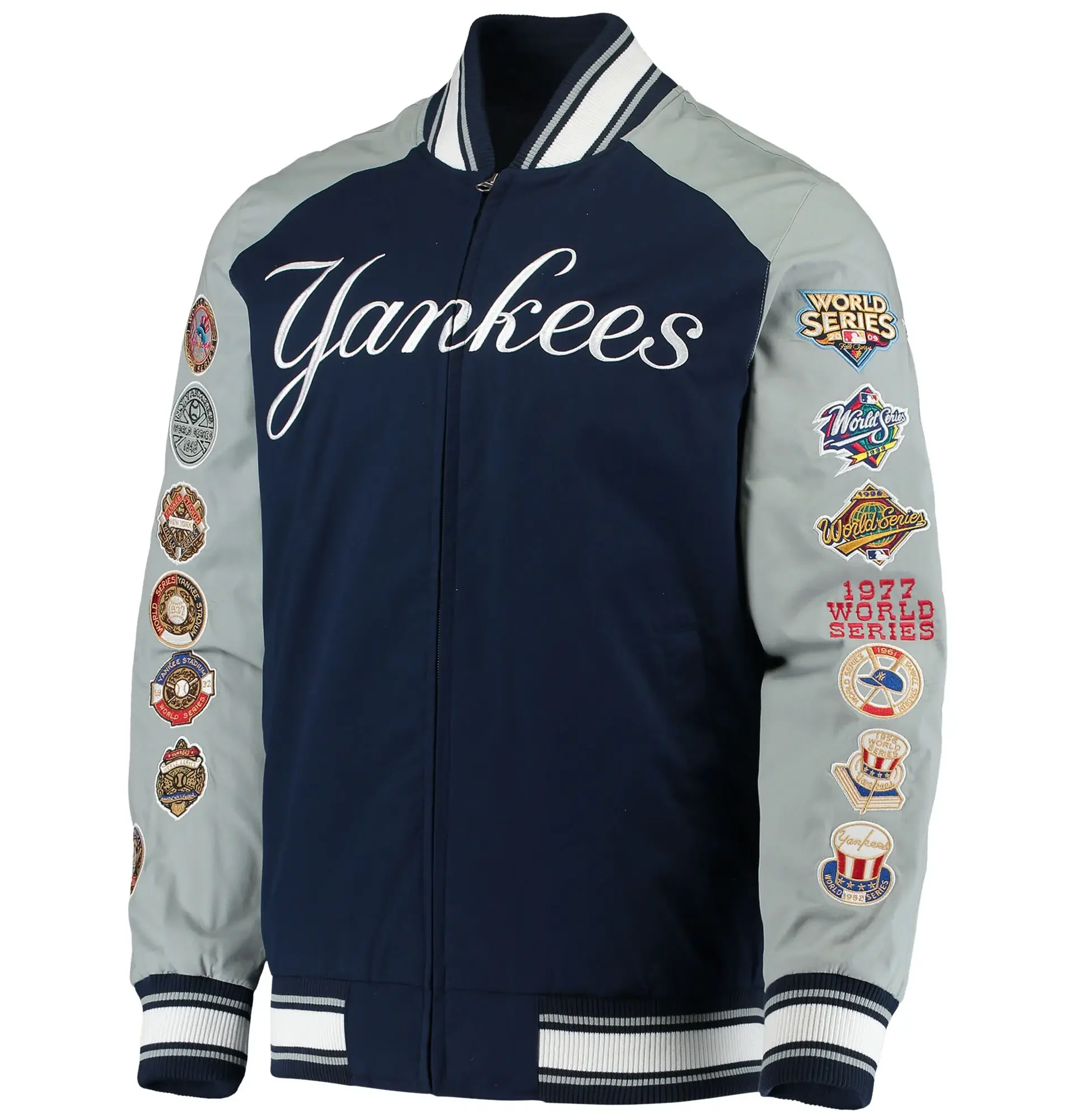 New York Yankees G III Sports Challenger Full Snap Navy Gray Varsity Jacket TeamJacketShop