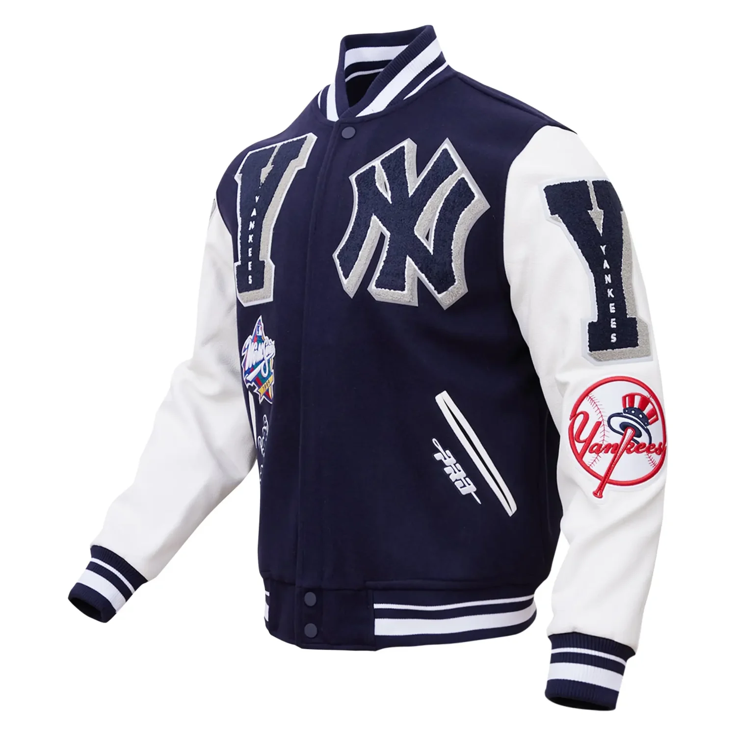 New York Yankees Pro Standard Mash Up Logo Blue White Varsity Jacket TeamJacketShop