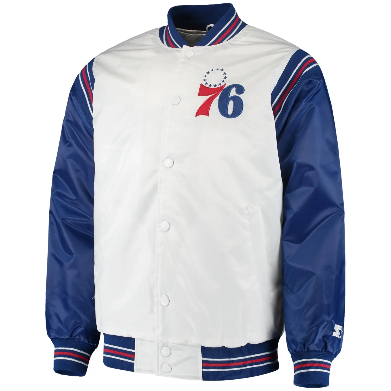 Philadelphia 76ers Classic Rib Satin Varsity Jacket White Blue TeamJacketShop