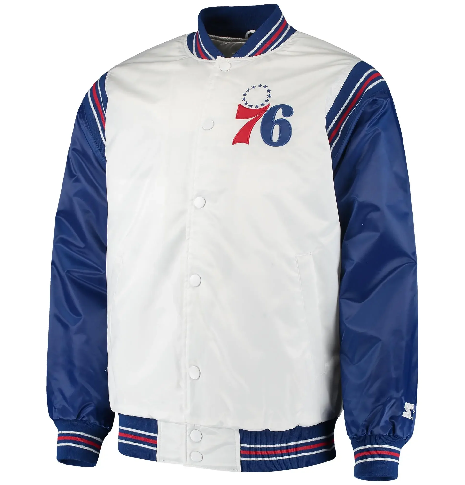 Philadelphia 76ers Classic Rib Satin Varsity Jacket White Blue TeamJacketShop