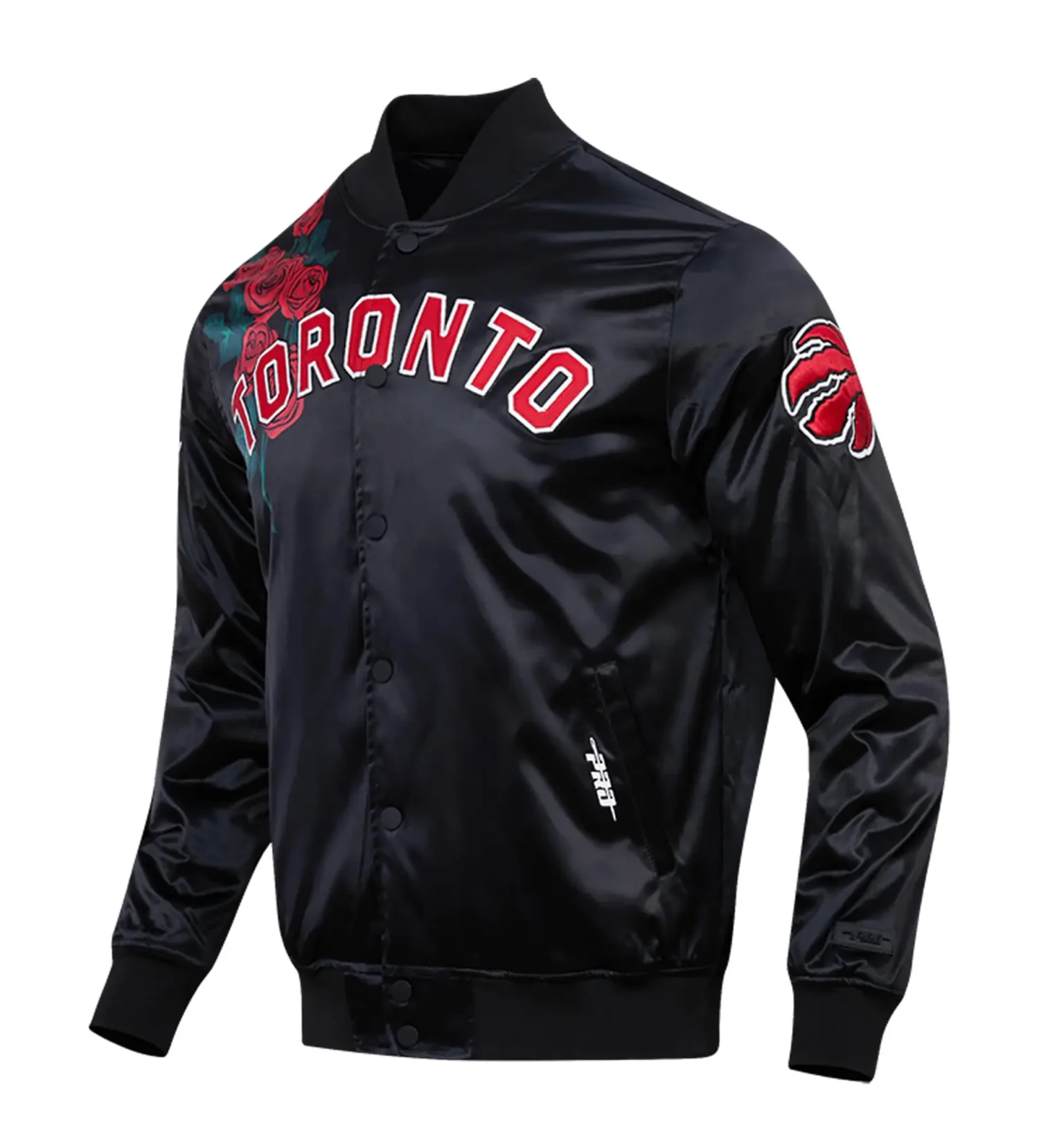 Toronto Raptors Pro Standard Black Roses Full Snap Satin Varsity Jacket TeamJacketShop