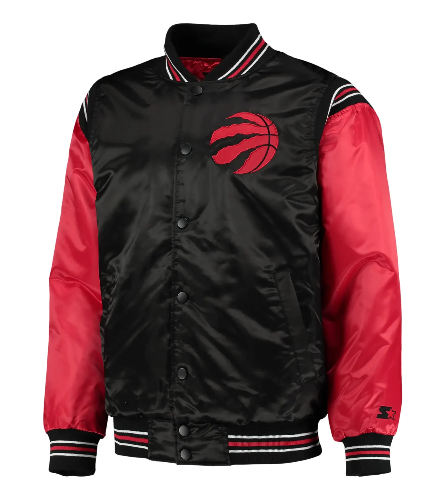 Toronto Raptors Starter The Enforcer Full Snap Black Red Satin Varsity Jacket TeamJacketShop