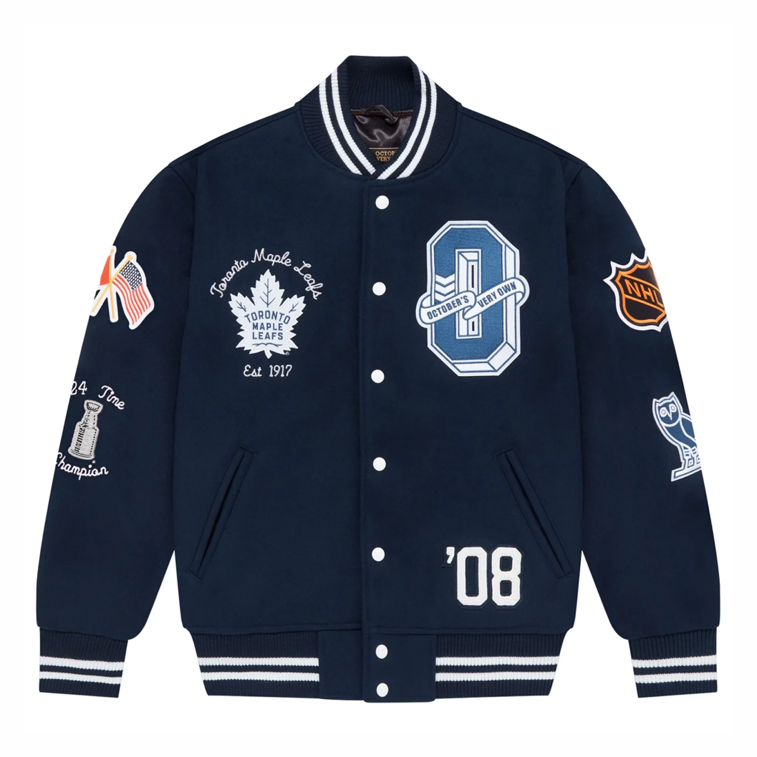 7 Toronto Maple Leafs OVO x NHL Blue Full Snap Varsity Team Jacket 1