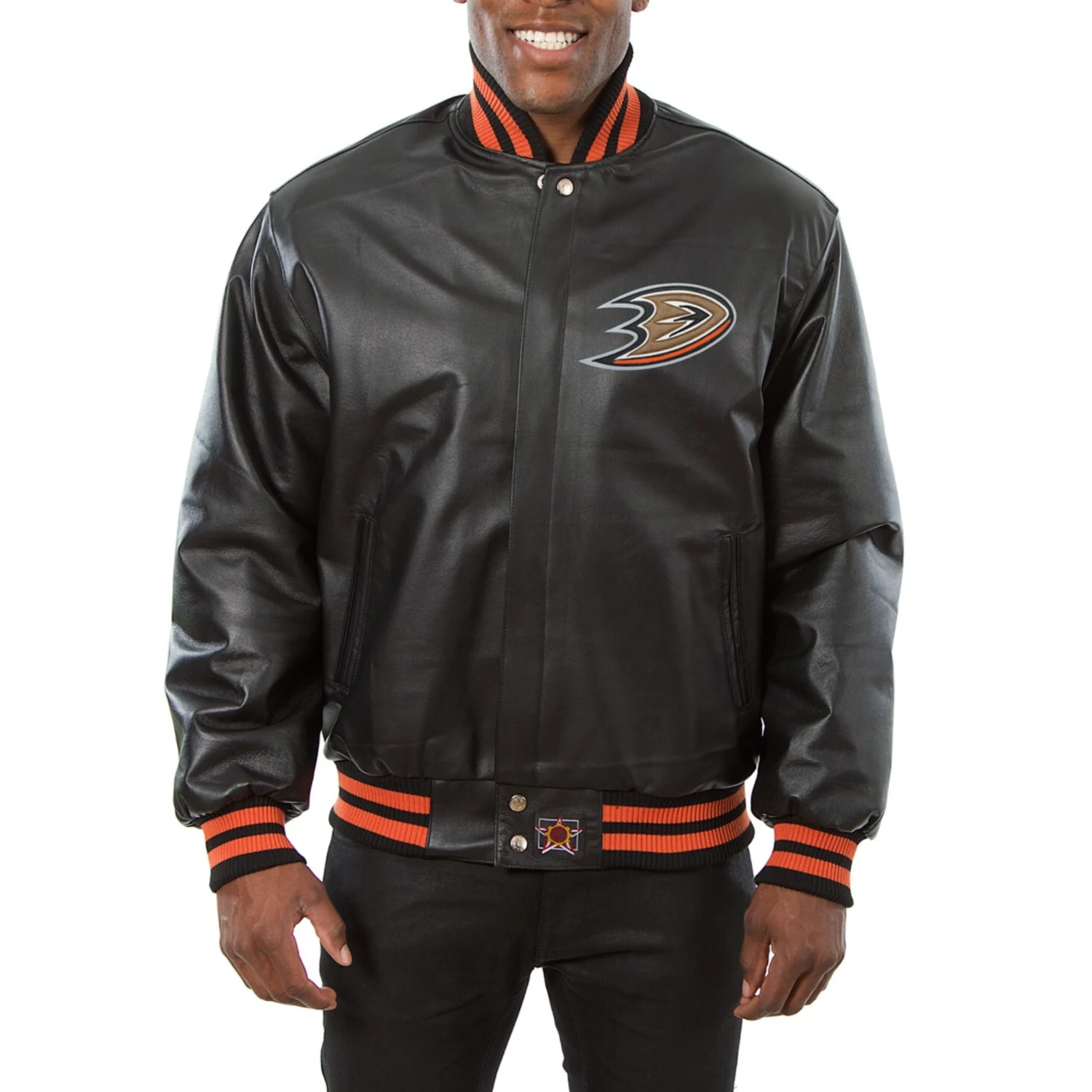 Anaheim Ducks Black Genuine Leather Varsity Jacket 1 1