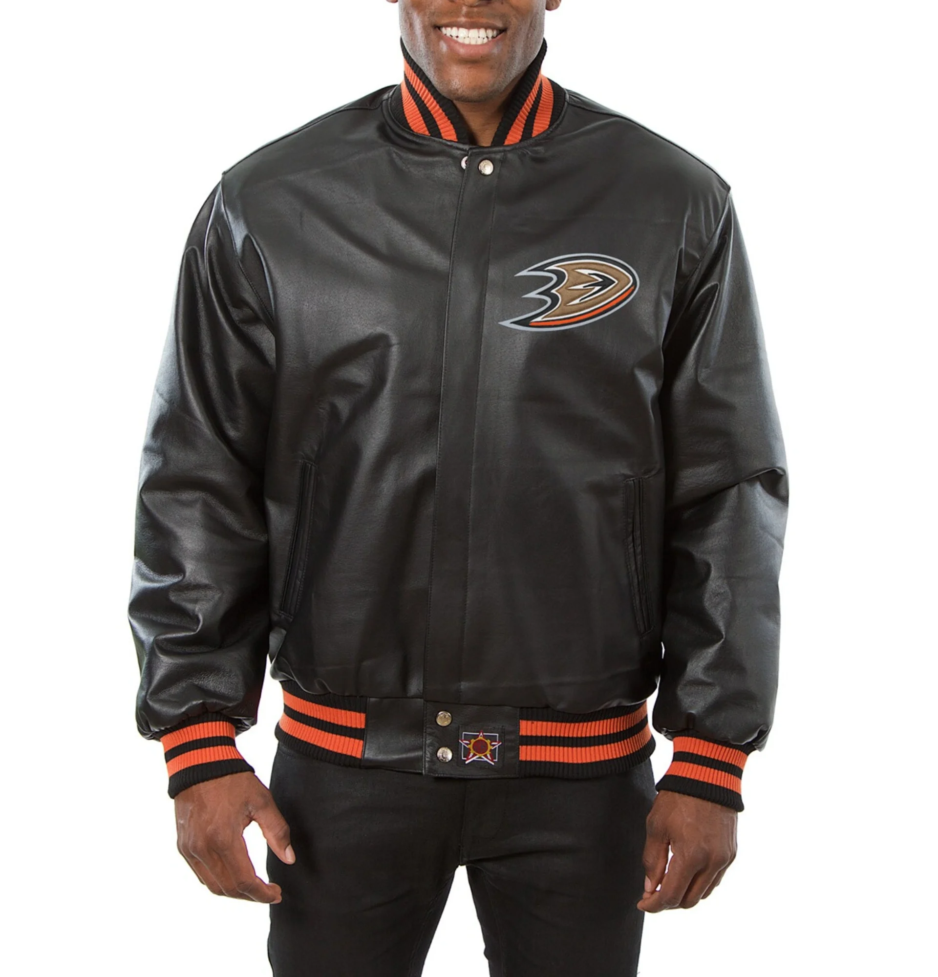 Anaheim Ducks Black Genuine Leather Varsity Jacket 1 1