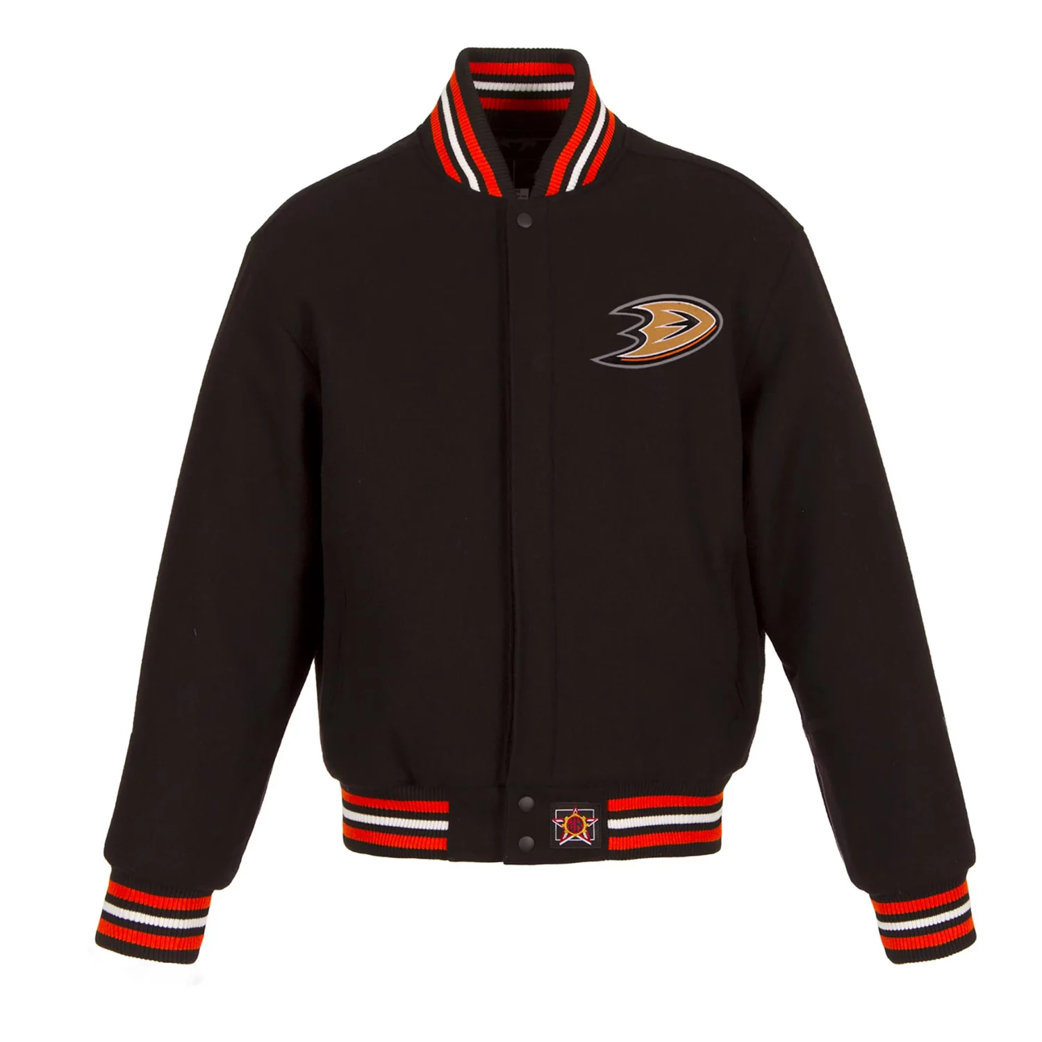 Anaheim Ducks Domestic Embroidered Black Wool Varsity Jacket 1