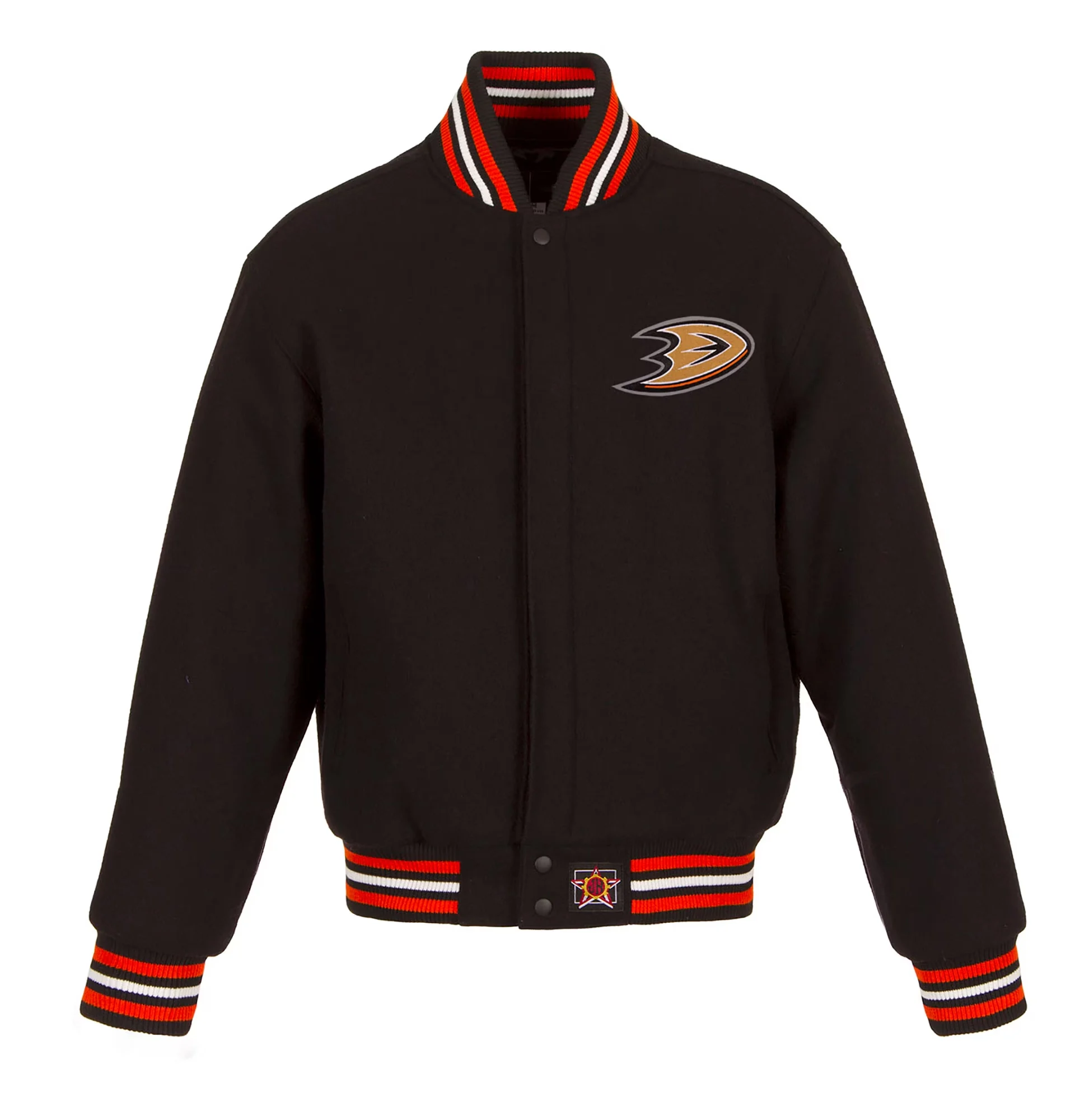 Anaheim Ducks Domestic Embroidered Black Wool Varsity Jacket 1