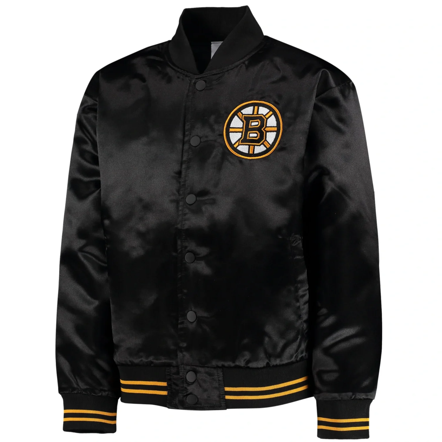 Boston Bruins Black Gifted Goalie Full Snap Satin Varsity Jacket TeamJacketShop