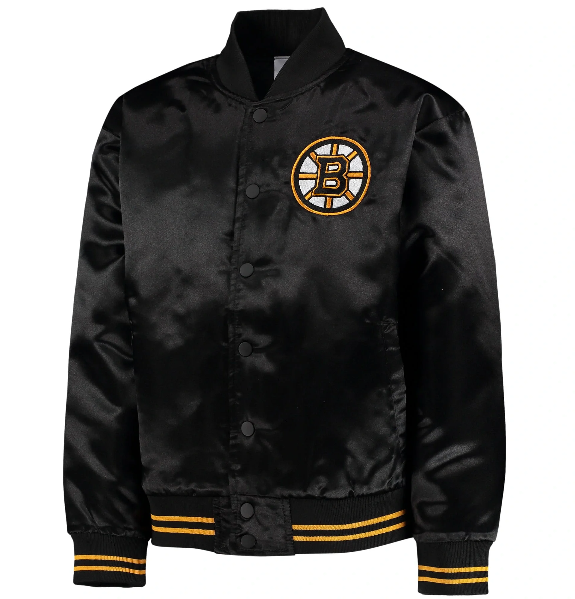 Boston Bruins Black Gifted Goalie Full Snap Satin Varsity Jacket TeamJacketShop