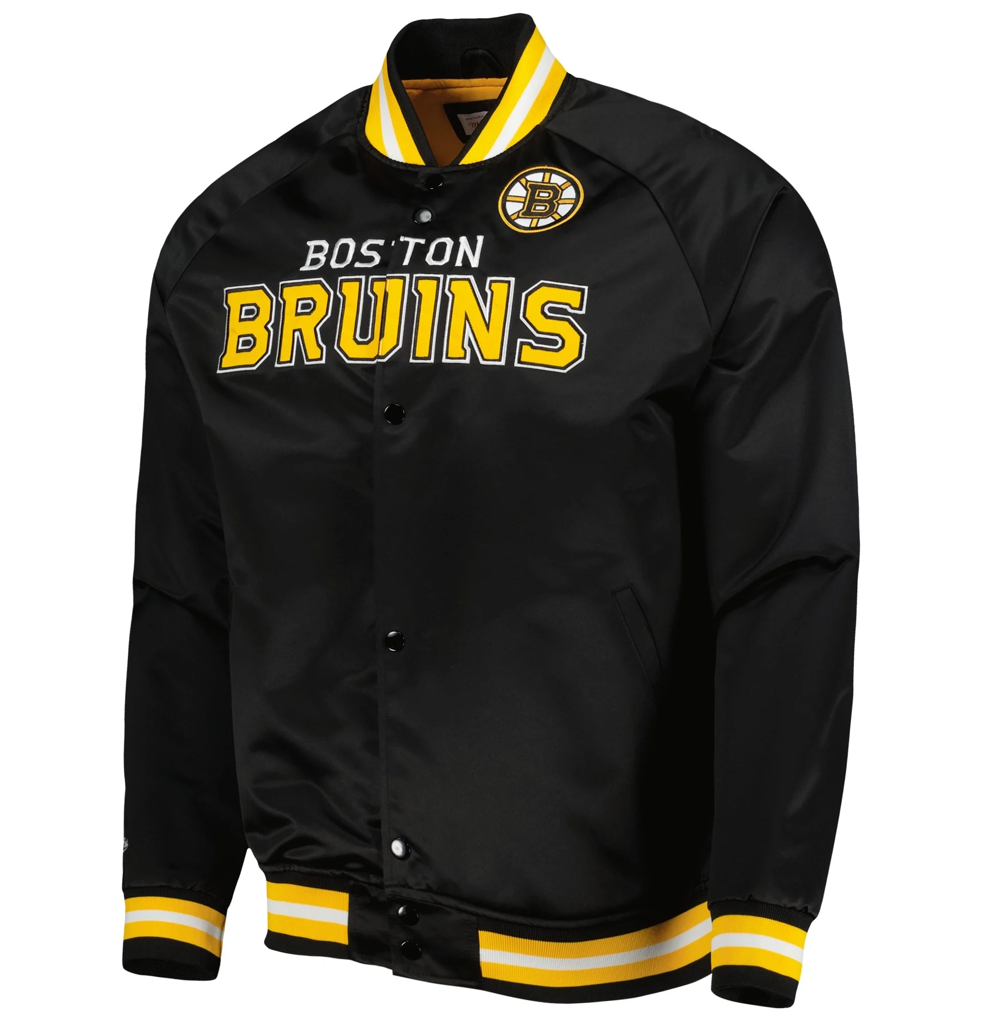 Boston Bruins Full Snap Satin Varsity Black Jacket TeamJacketShop