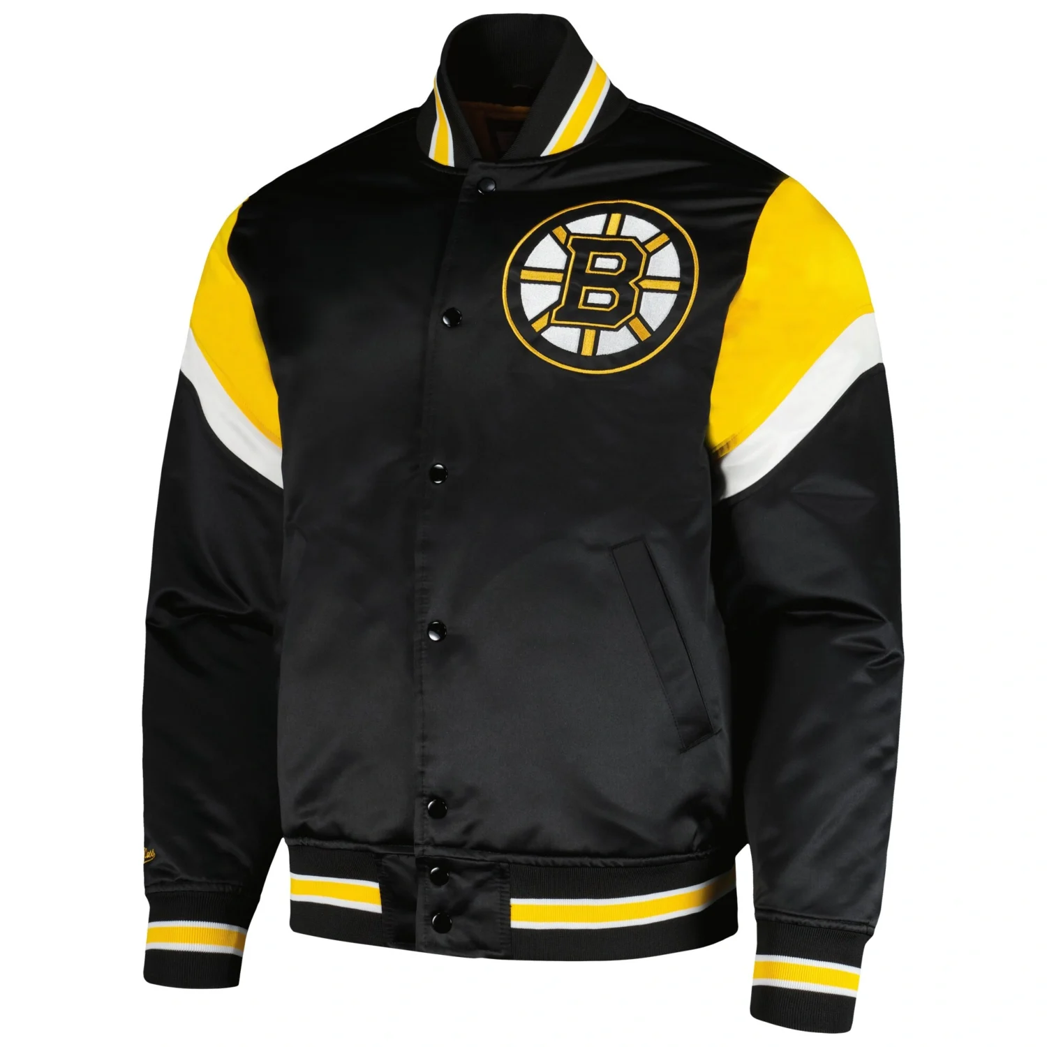 Boston Bruins Logo Black Full Snap Satin Varsity Jacket TeamJacketShop