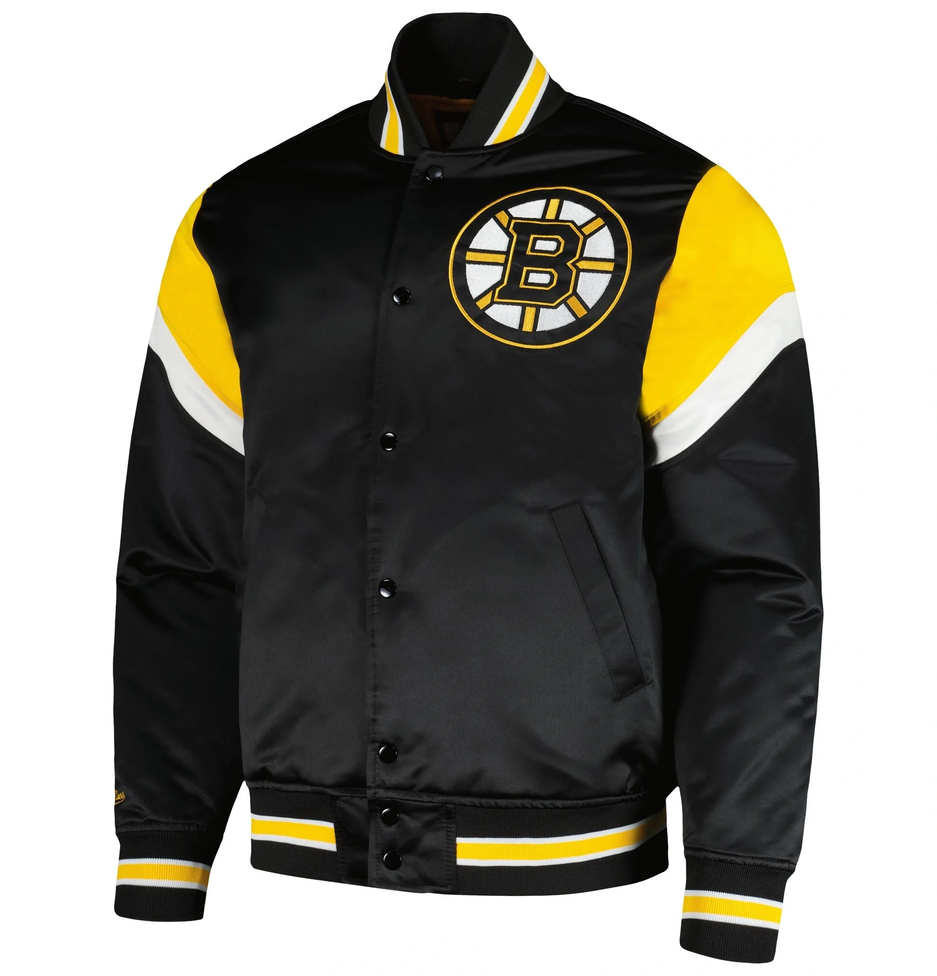 Boston Bruins Logo Black Full Snap Satin Varsity Jacket TeamJacketShop