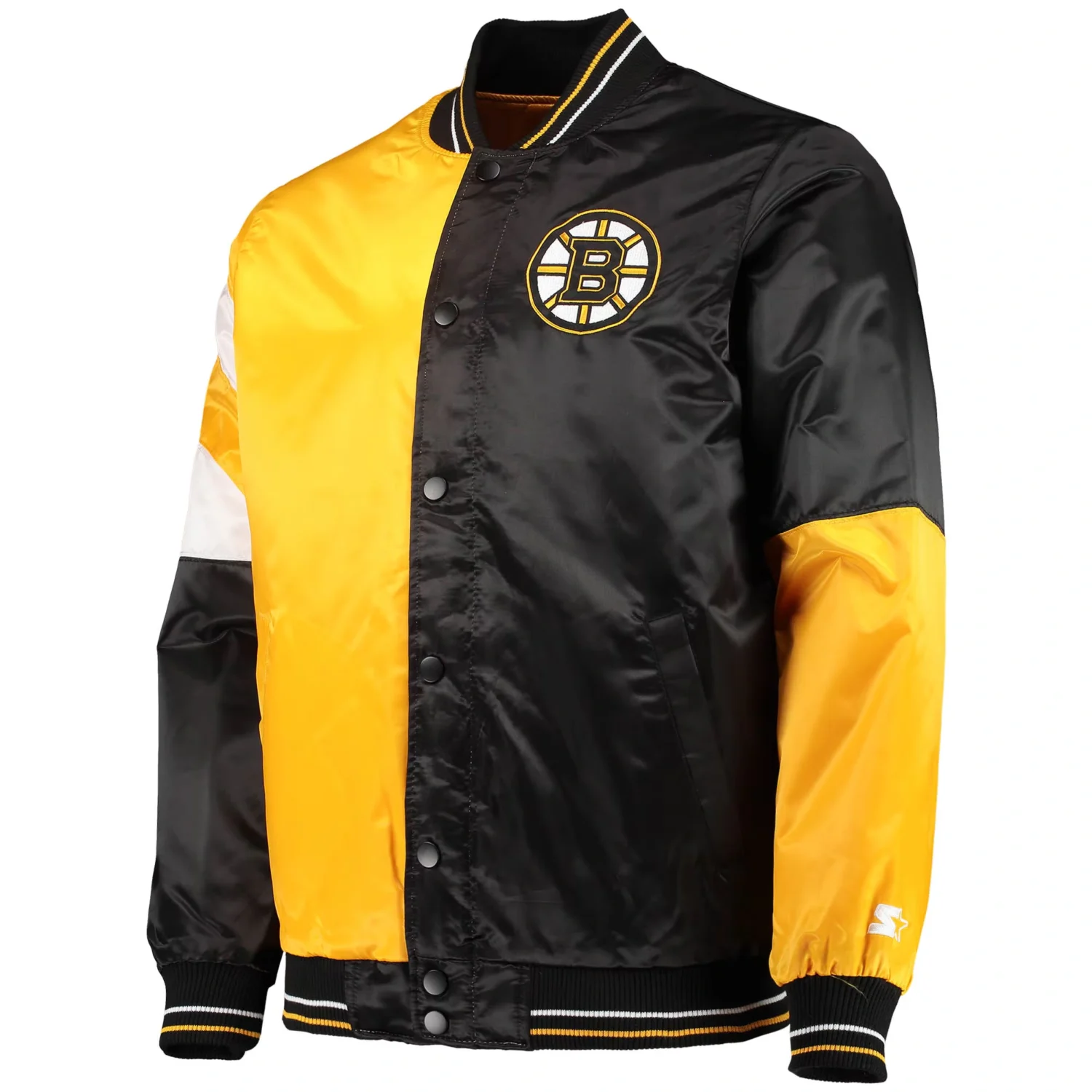 Boston Bruins Starter The Leader BlackYellow Varsity Satin Varsity Jacket TeamJacketShop