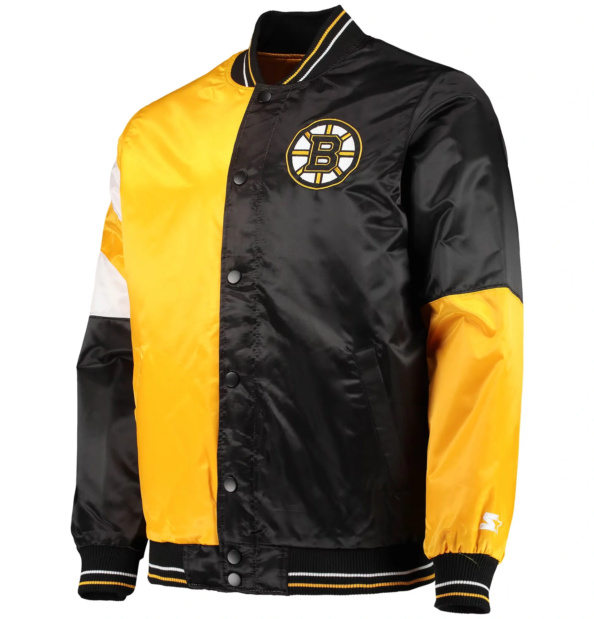 Boston Bruins Starter The Leader BlackYellow Varsity Satin Varsity Jacket TeamJacketShop