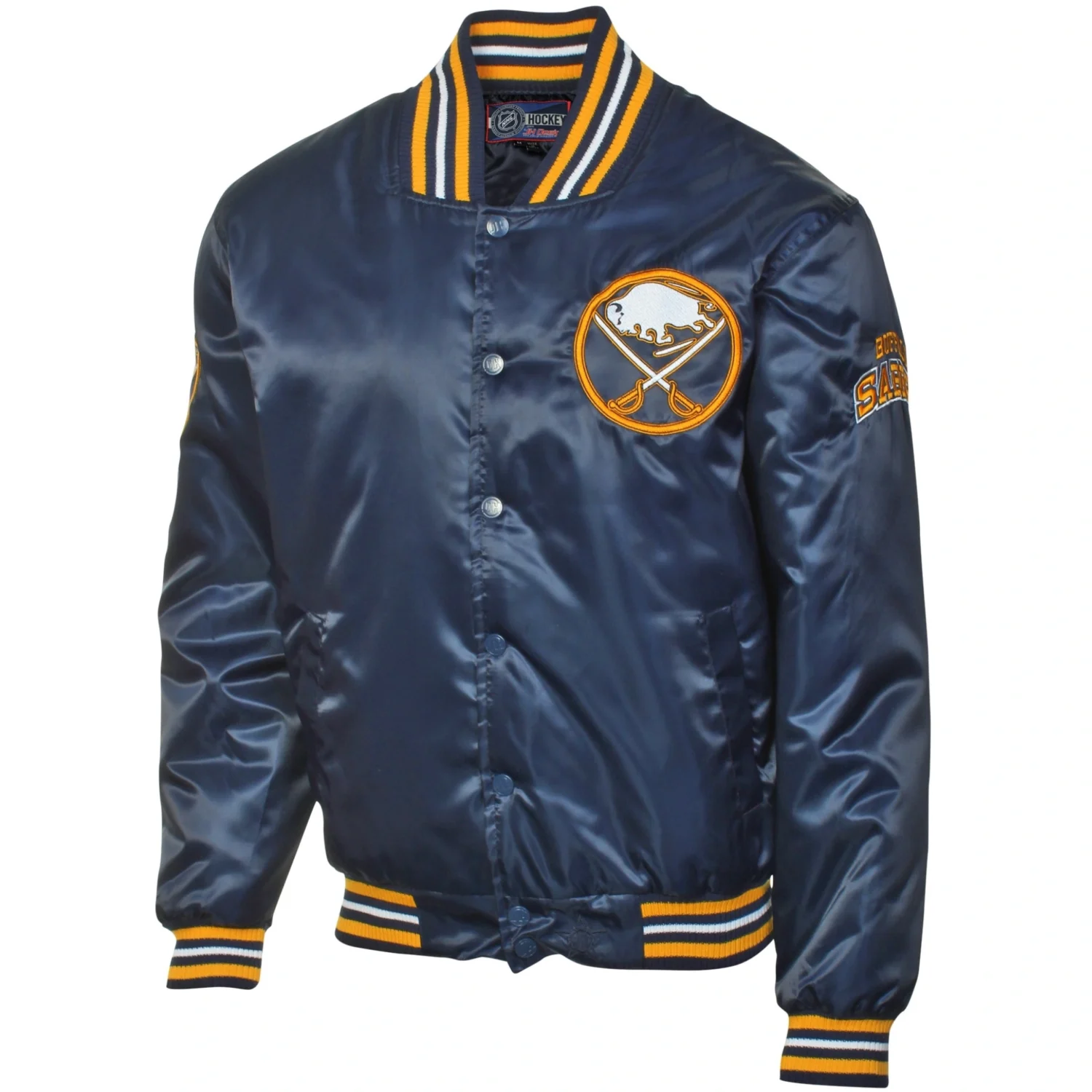 Buffalo Sabres Rib Knitted Full Snap Satin Varsity Navy Jacket TeamJacketShop