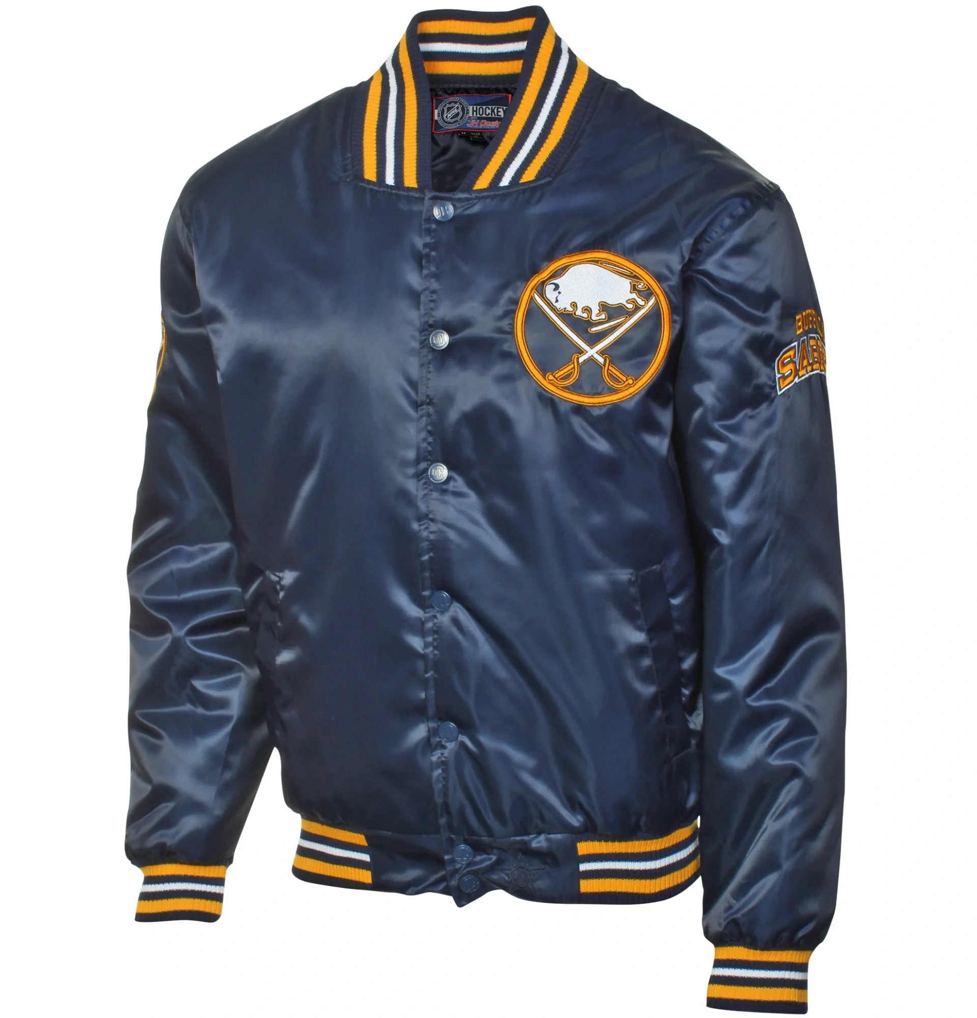 Buffalo Sabres Rib Knitted Full Snap Satin Varsity Navy Jacket TeamJacketShop