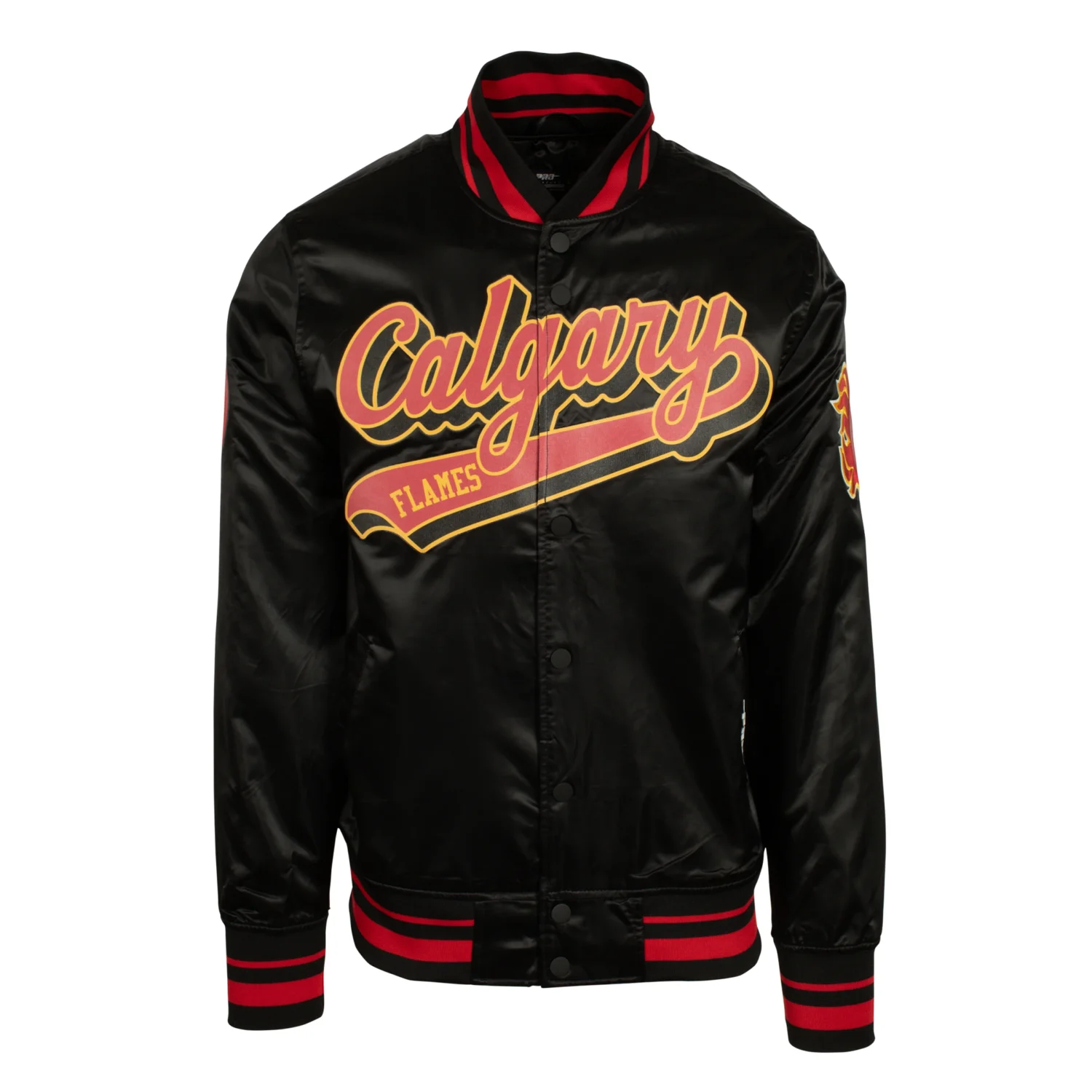 Calgary Flames Pro Standard Flames Script Tail Black Satin Varsity Jacket 1