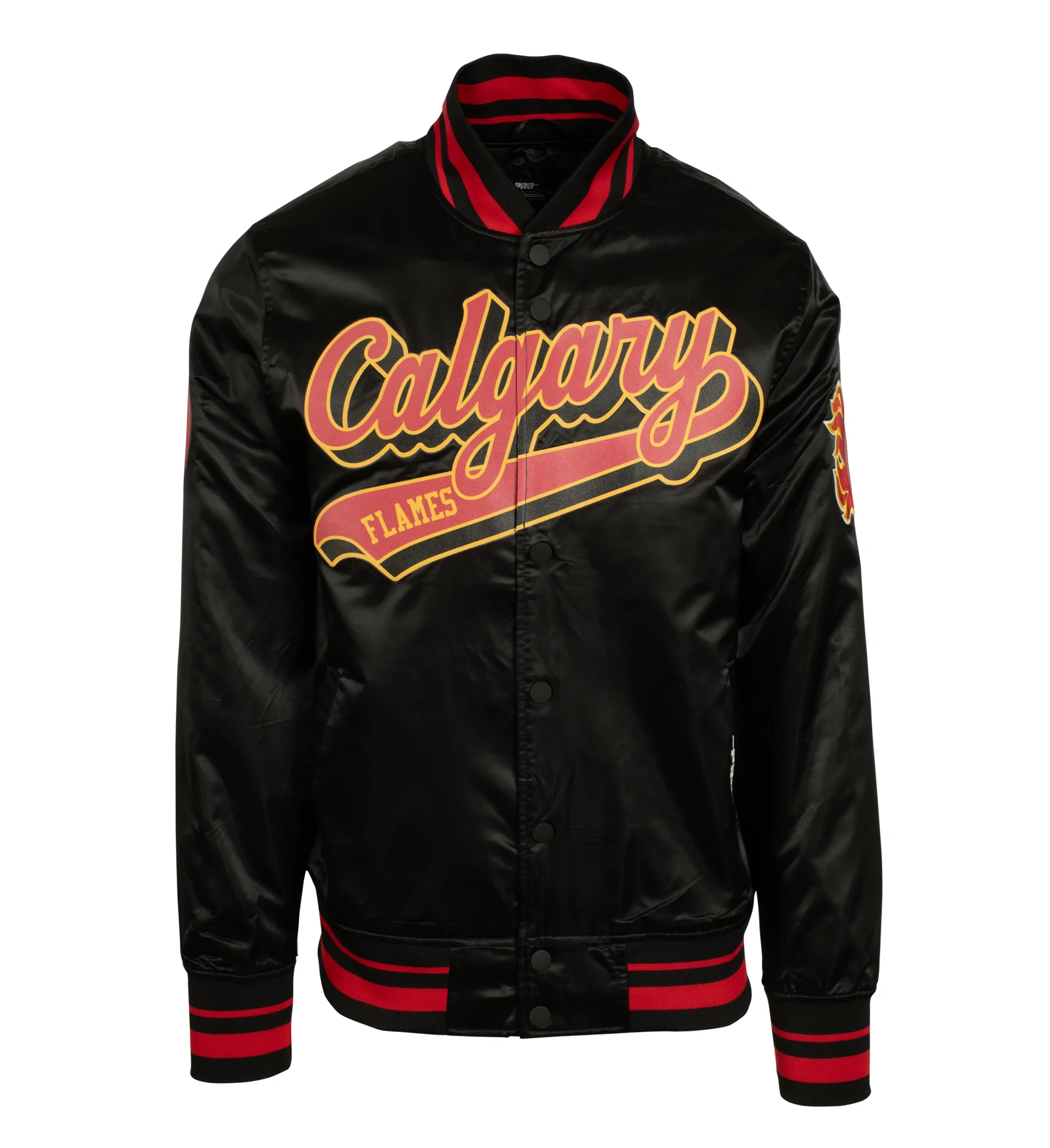 Calgary Flames Pro Standard Flames Script Tail Black Satin Varsity Jacket 1