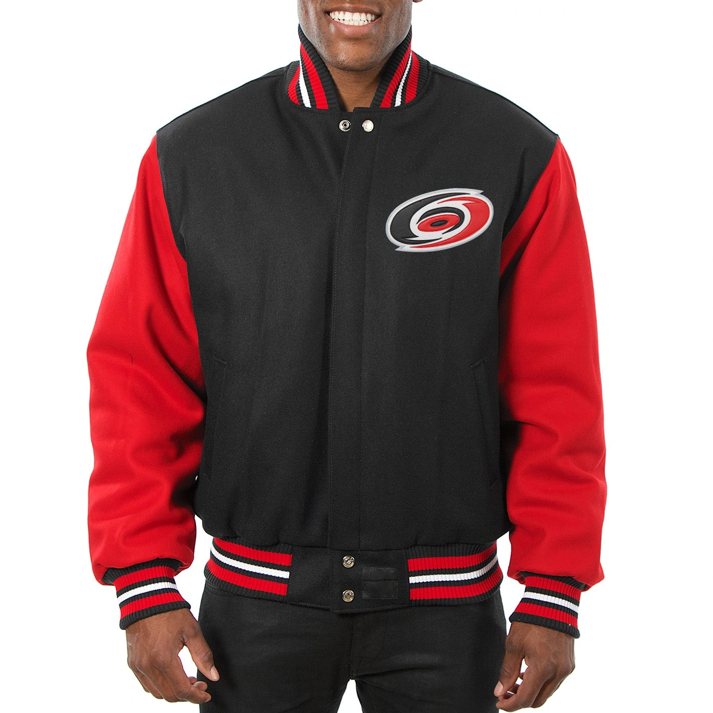 Carolina Hurricanes Two Tone Wool Varsity Jacket Black Red TeamJacketShop