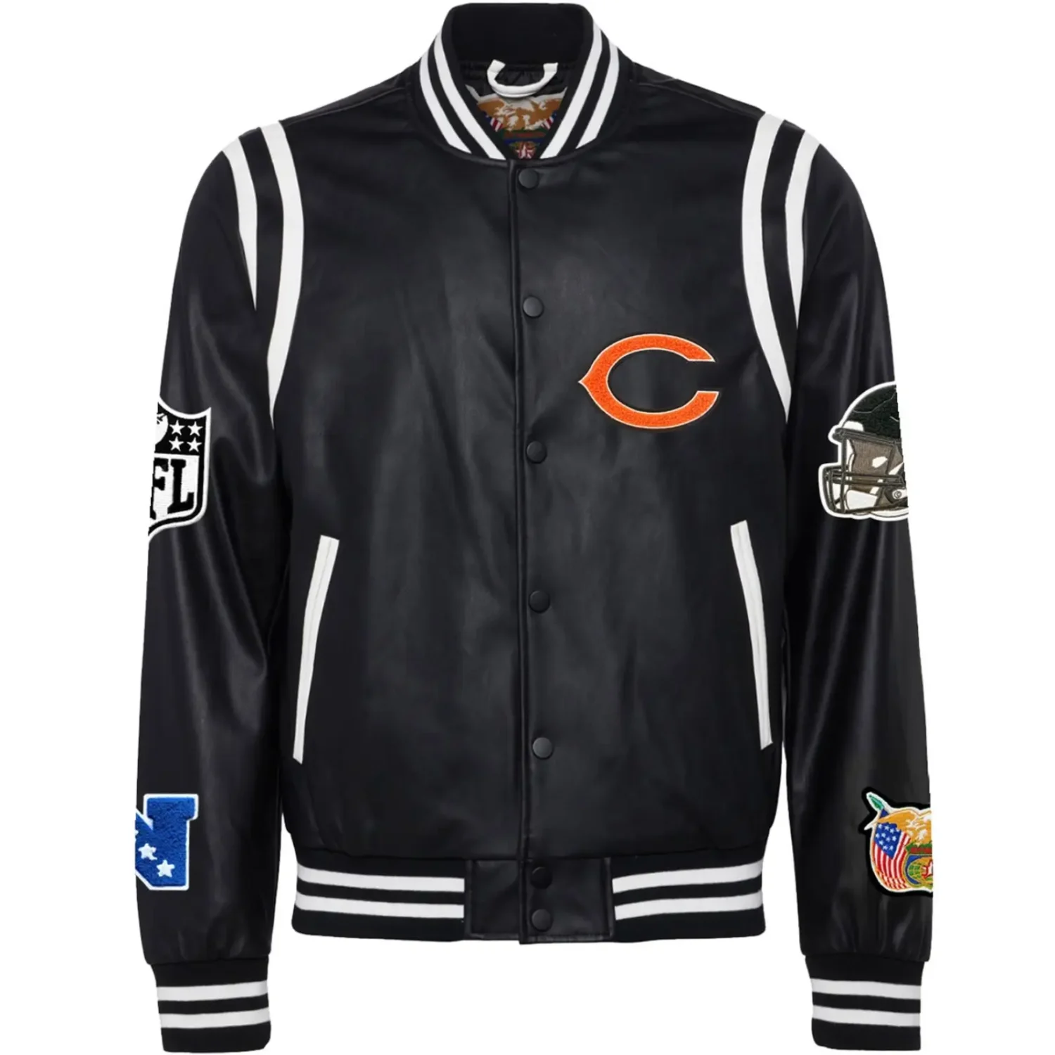 Chicago Bears Jeff Hamilton Black Vegan Full Snap Leather Varsity Jacket team jacket 1