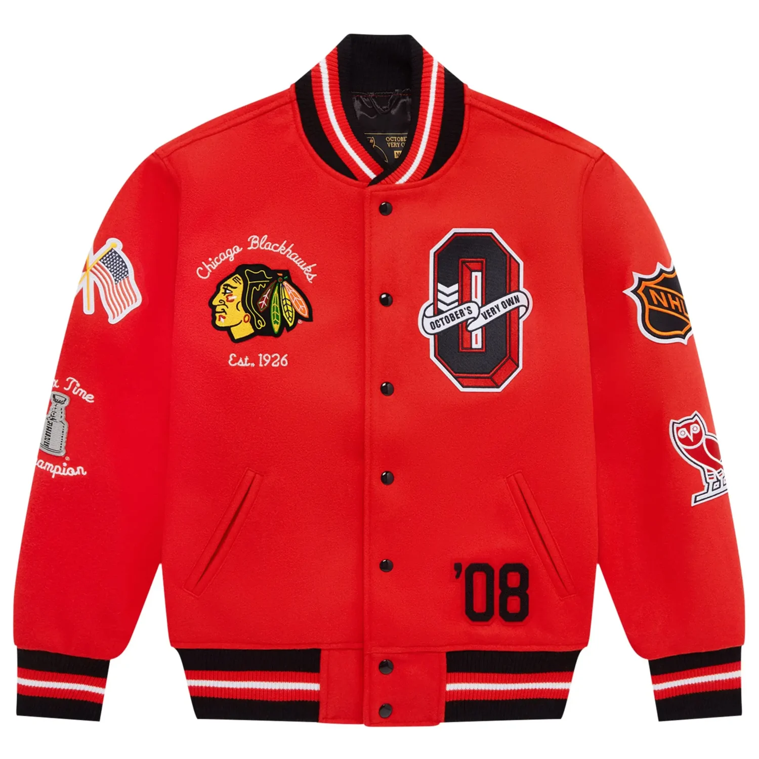 Chicago Blackhawks OVO x NHL Red Full Snap Wool Varsity Jacket TEAM JACKET 1