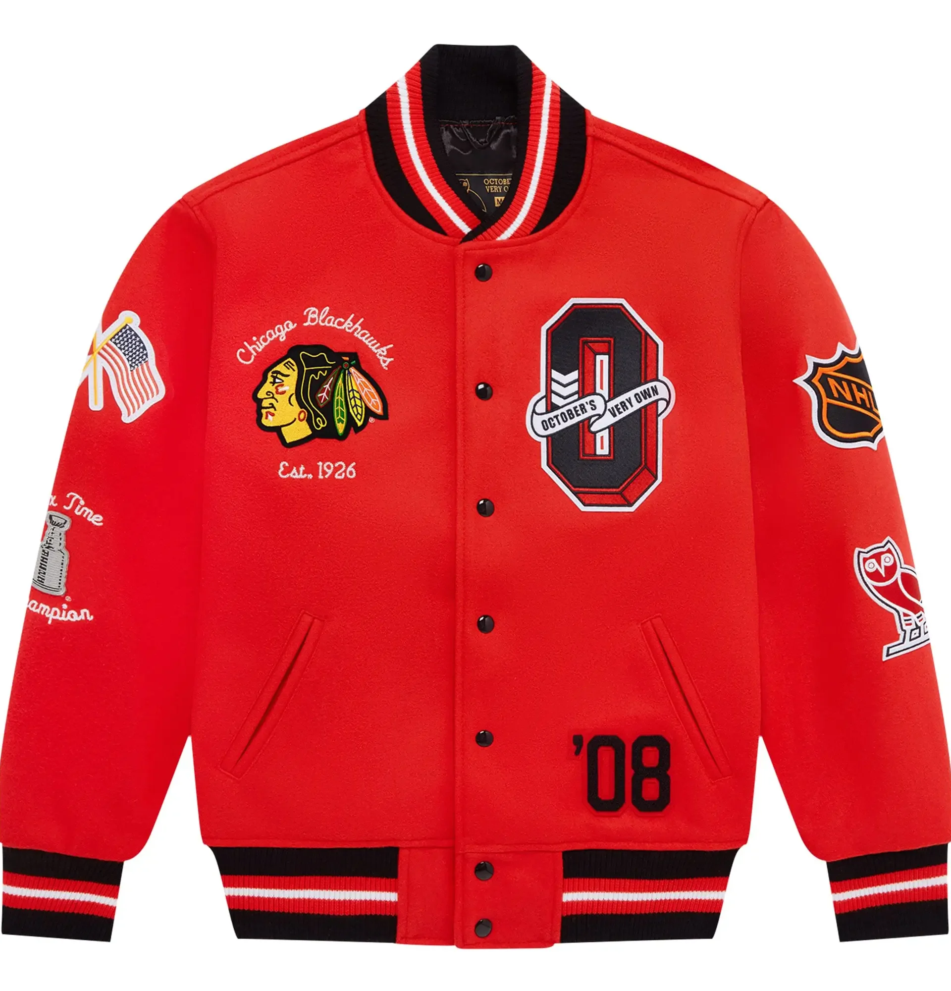 Chicago Blackhawks OVO x NHL Red Full Snap Wool Varsity Jacket TEAM JACKET 1