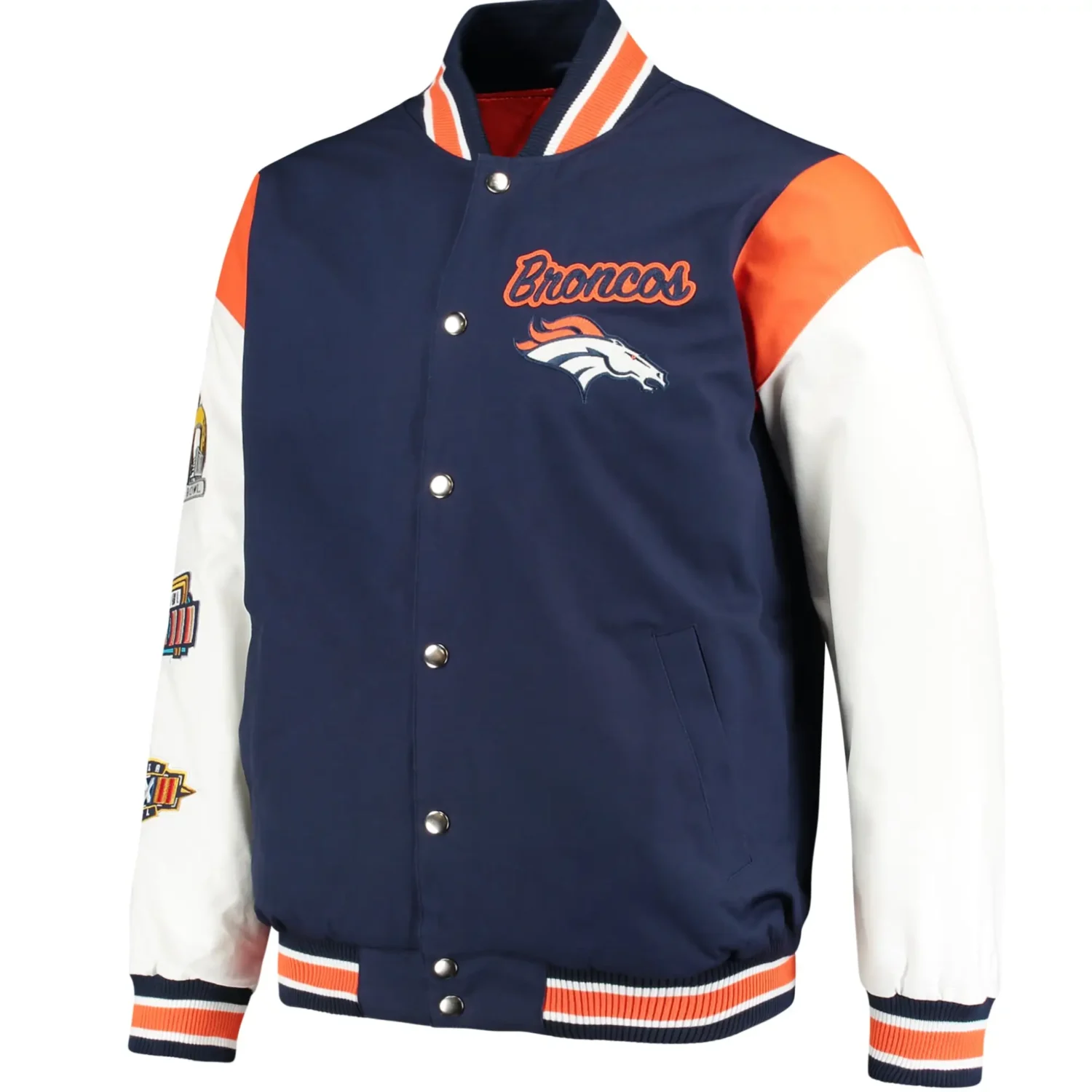 Denver Broncos G III Sports by Carl Banks Satin Varsity Jacket Navy White team jacket 1