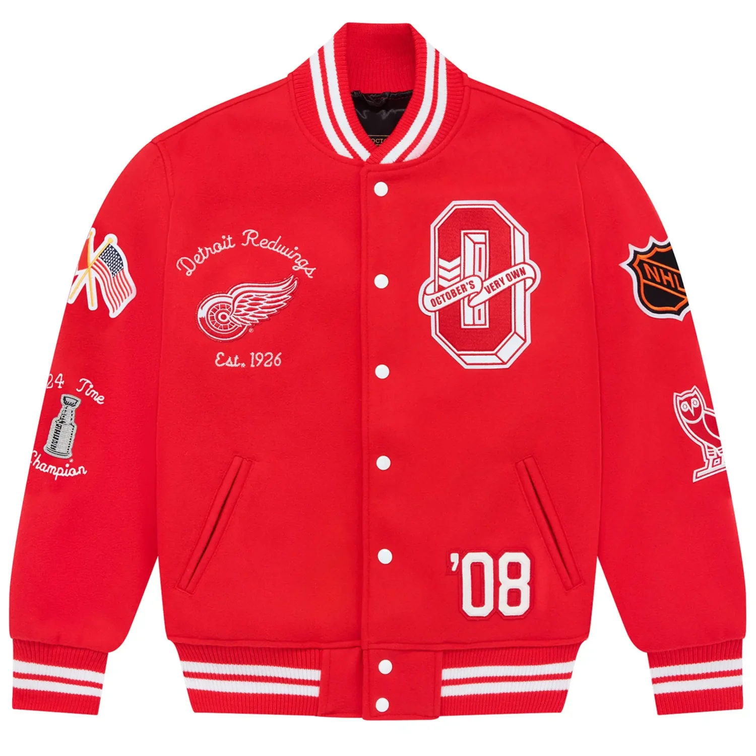 Detroit Red Wings OVO x NHL Red Full Snap Wool Varsity Jacket TeamJacketShop