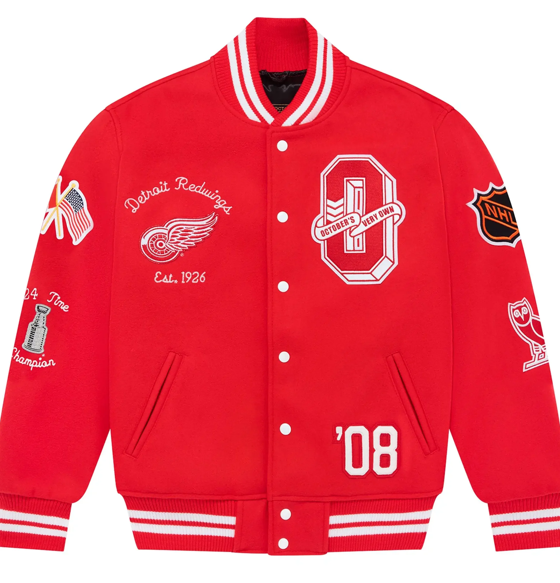 Detroit Red Wings OVO x NHL Red Full Snap Wool Varsity Jacket TeamJacketShop