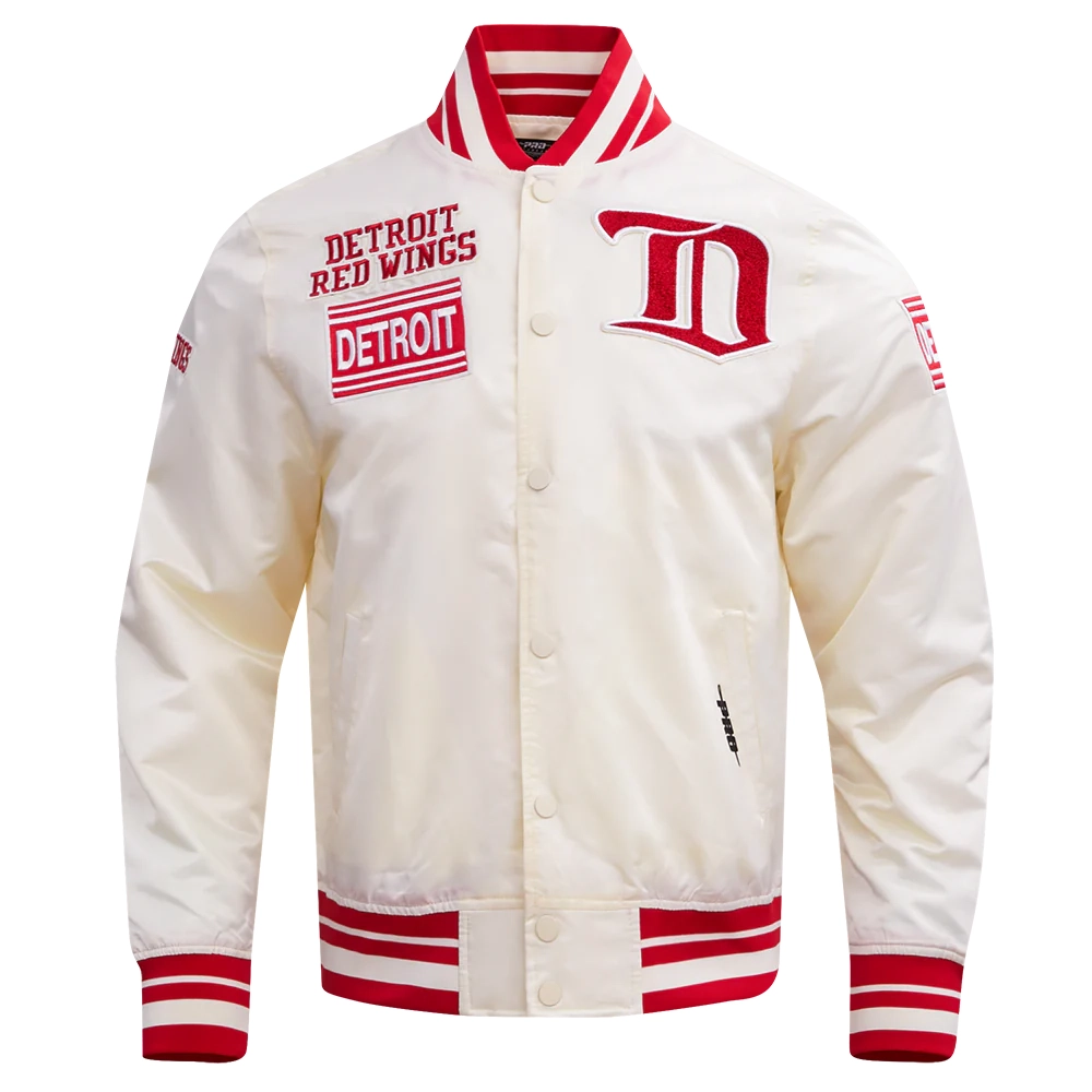 Detroit Red Wings Pro Standard Retro Classic Cream Satin Varsity Jacket TeamJacketShop