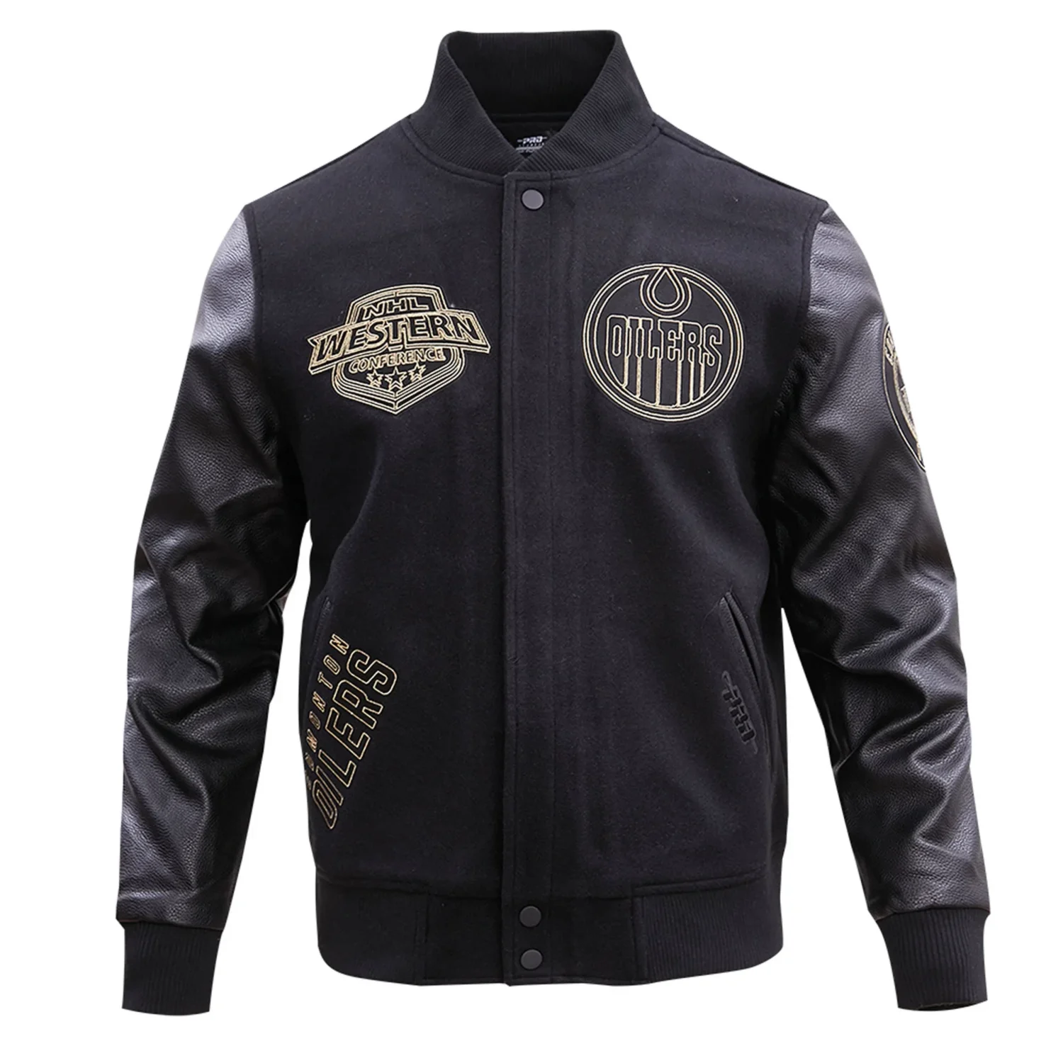 Edmonton Oilers Pro Standard Black Wool leather Varsity Jacket TeamJacketShop